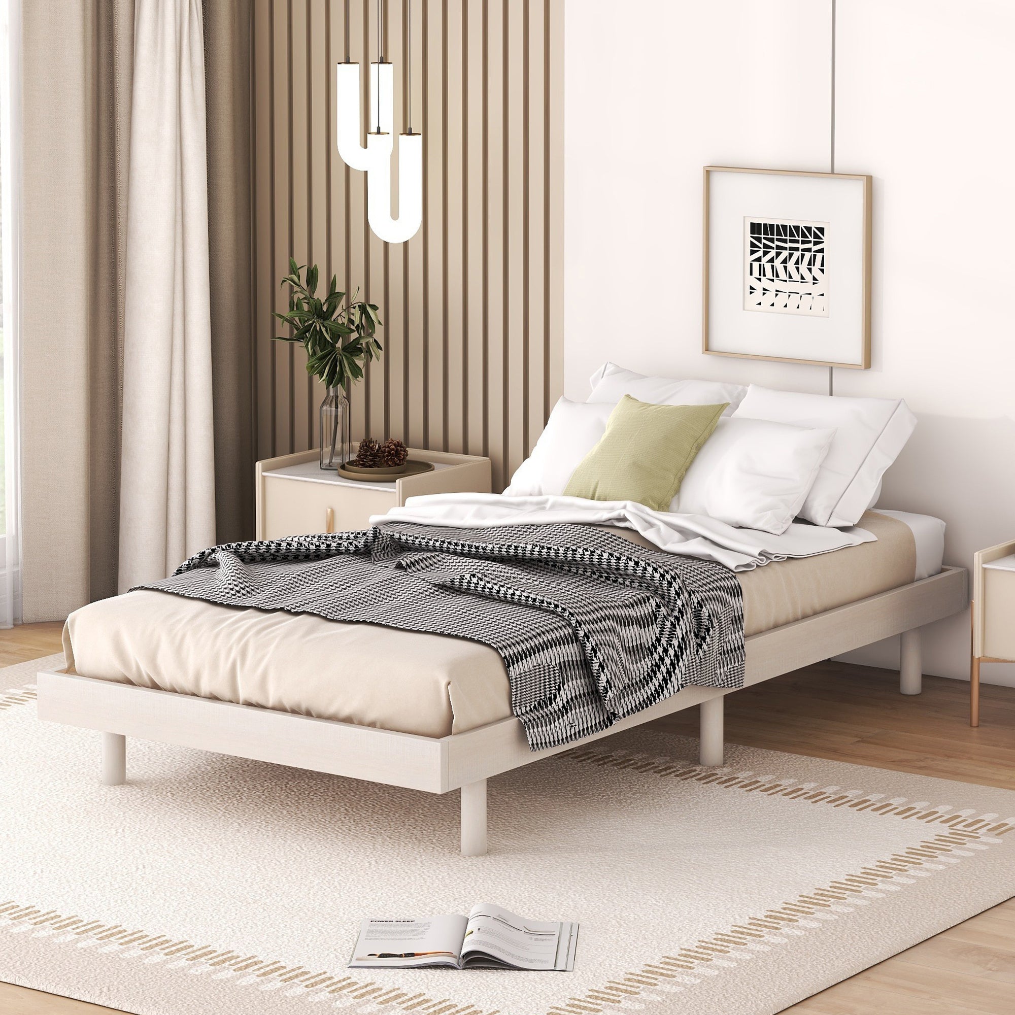 Modern Design Twin Size Floating Platform Bed Frame for White Washed Color