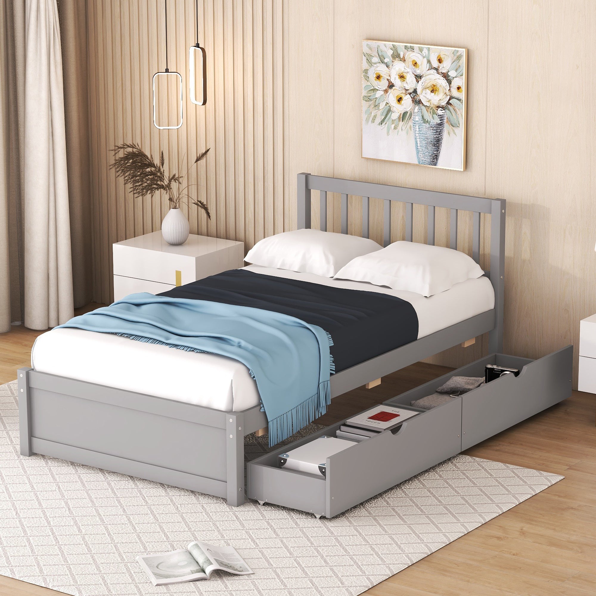 Modern Design Wooden Twin Size Platform Bed with 2 Drawers for Grey Color