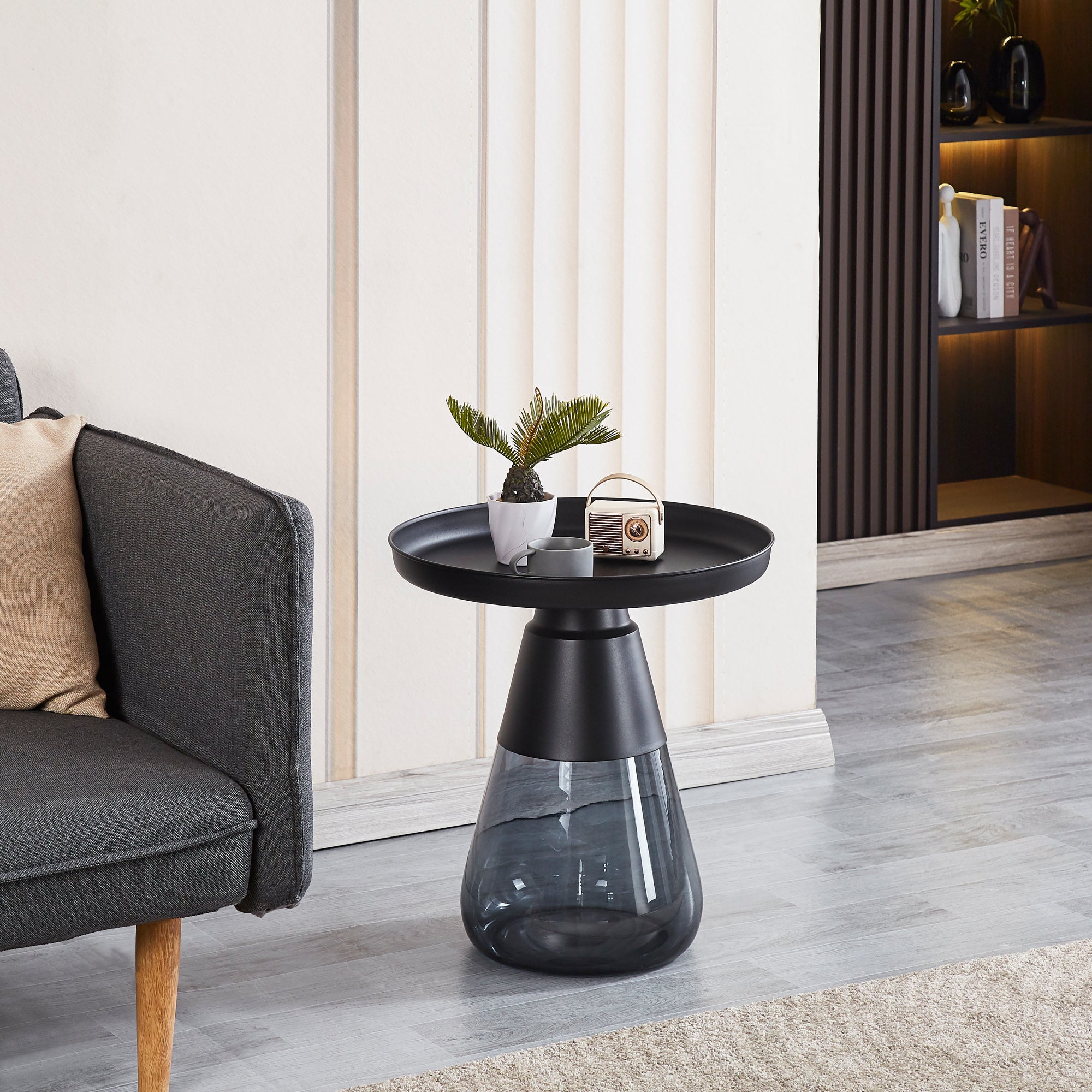 Smoke Glass Base with Black Painting Top Side Table, Living Room Sofa Table