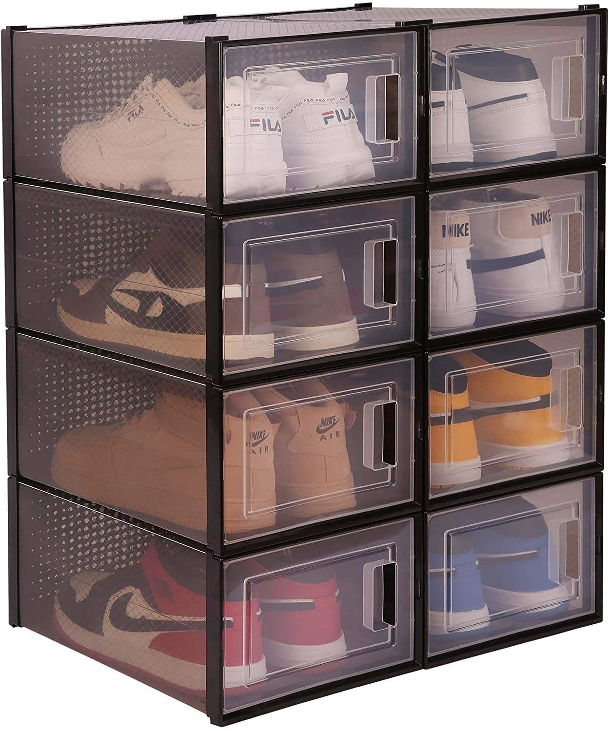 Storage Shoe Box; Foldable Clear Sneaker Display Box; Stackable Storage Bins Shoe Container Organizer; 8 Pack - Black