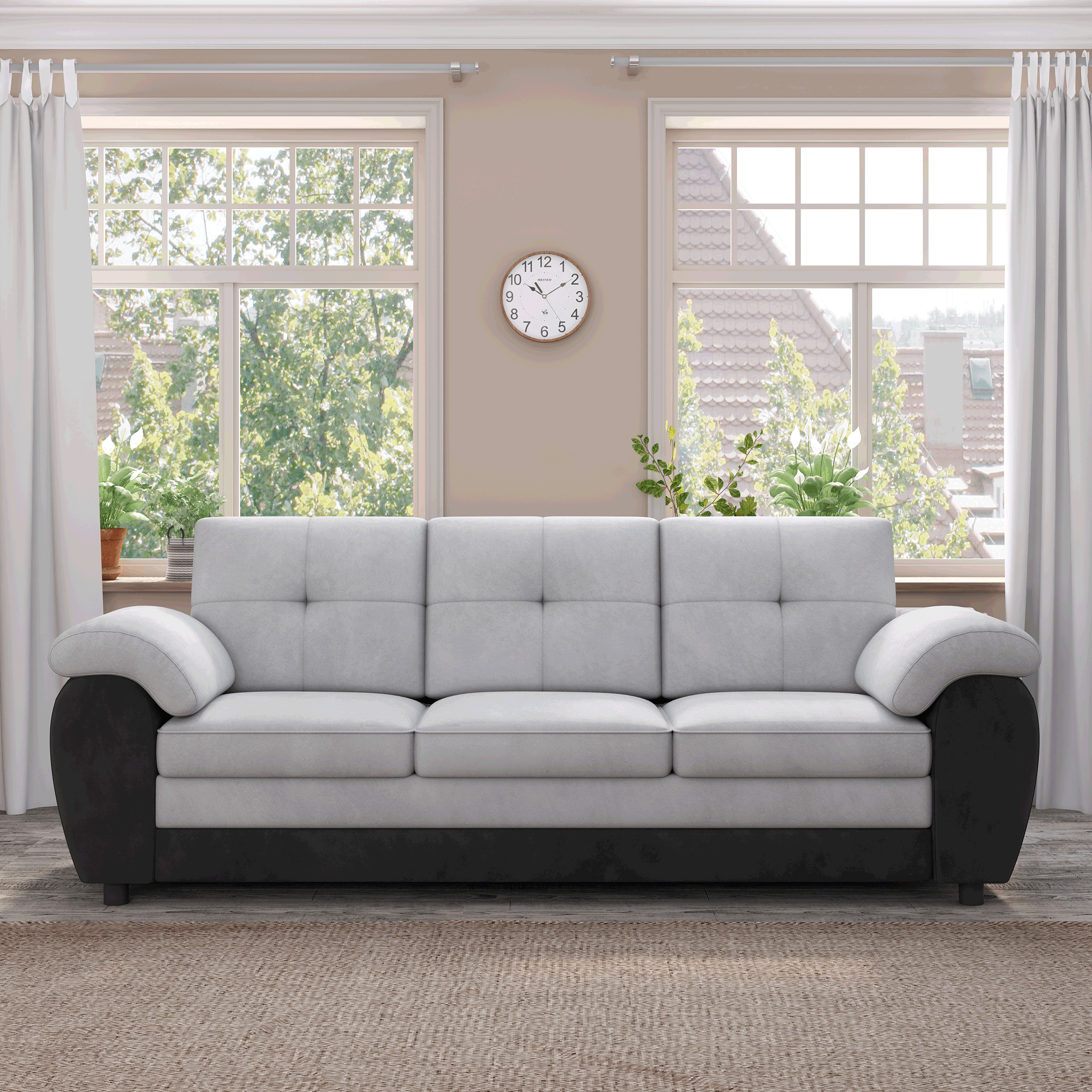 81.9″ Large size Three Seat Sofa,Modern Upholstered,Black leather paired with light gray velvet