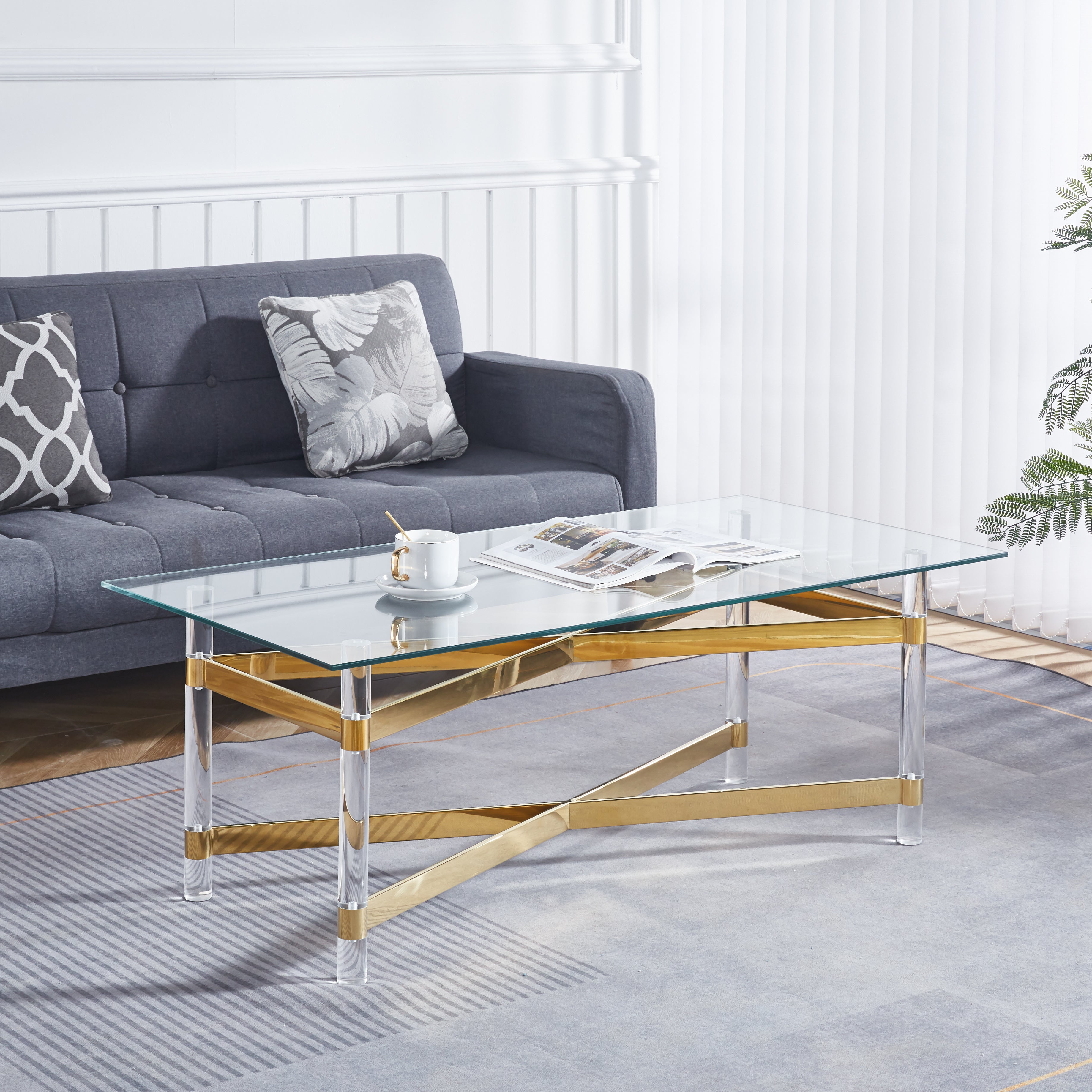 Gold Stainless Steel Coffee Table With acrylic Frame and Clear Glass Top CS-1197