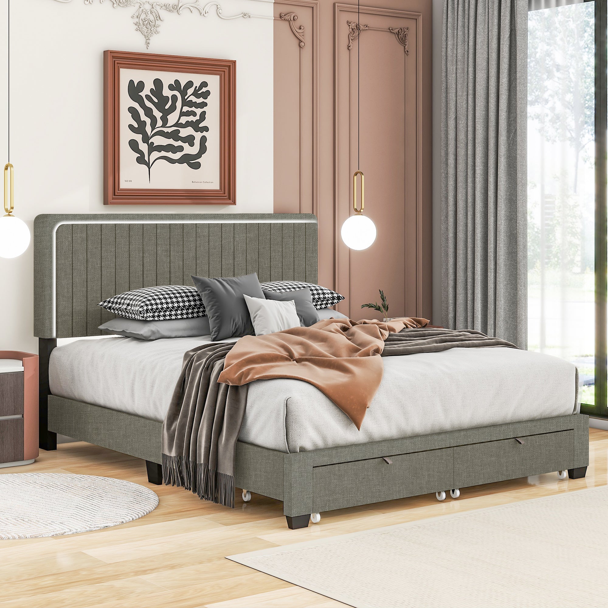 QUEEN SIZE UPHOLSTERED BED WITH ADJUSTABLE HEIGHT / MATTRESS 10 TO 14 INCHES / LED DESIGN WITH FOOTBOARD DRAWERS STORAGE / NO BOX SPRING REQUIRED STONE GRAY