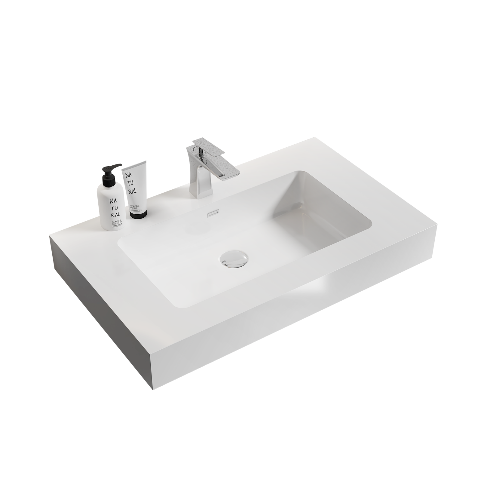 BB02-30-101, Integrated solid surface basin WITHOUT drain and faucet, glossy white color