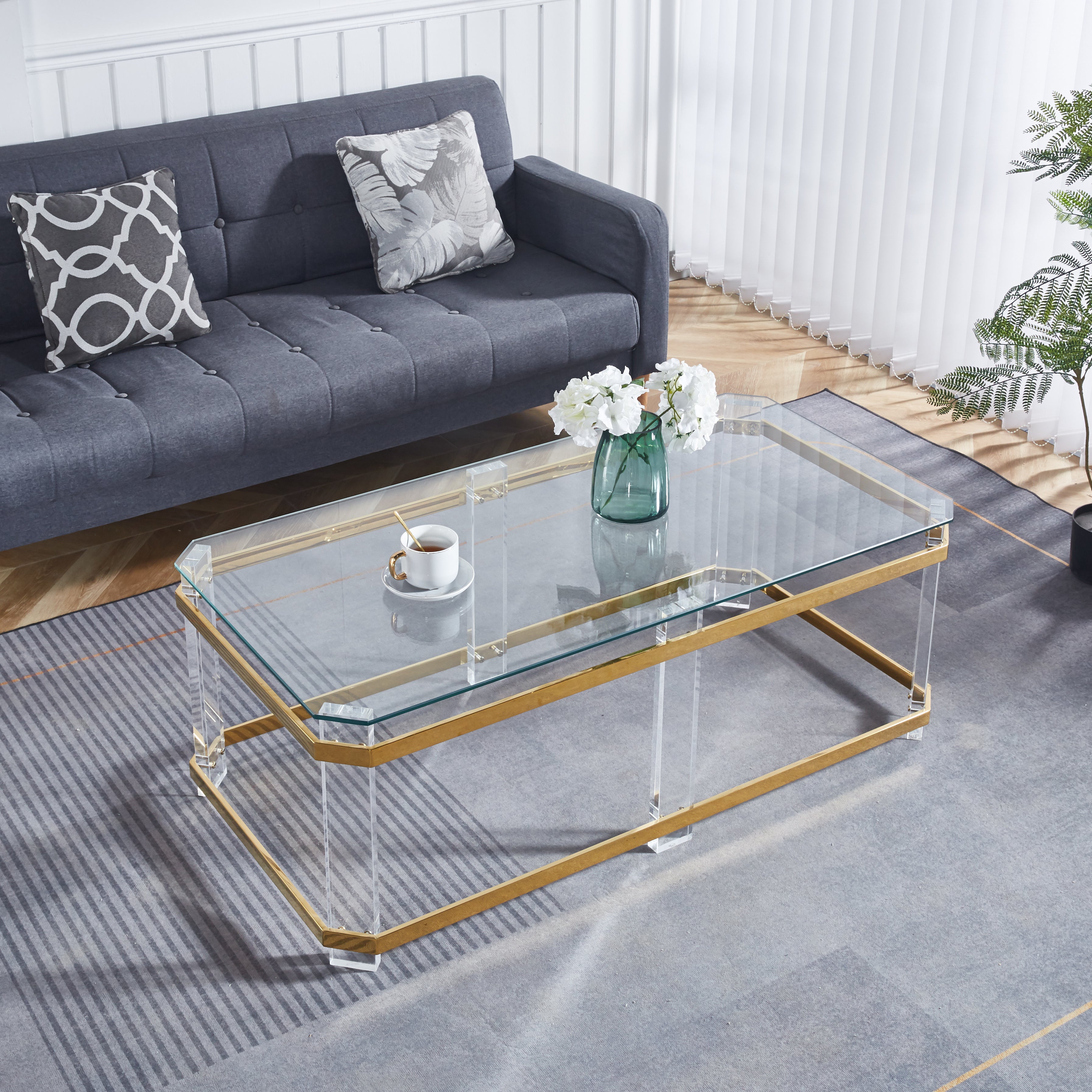 Gold Stainless Steel Coffee Table With acrylic Frame and Clear Glass Top CS-1134