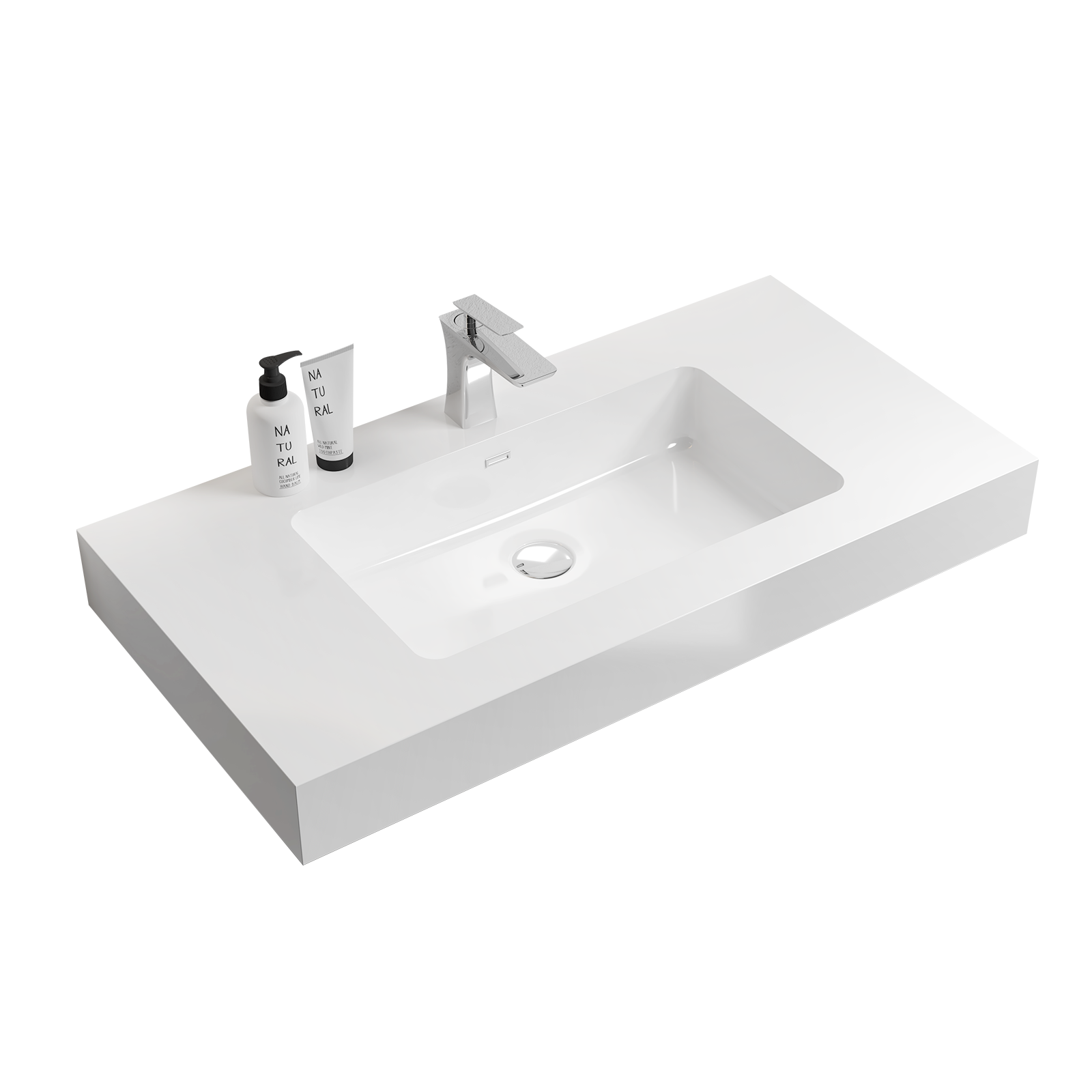 BB02-36-101, Integrated solid surface basin WITHOUT drain and faucet, glossy white color