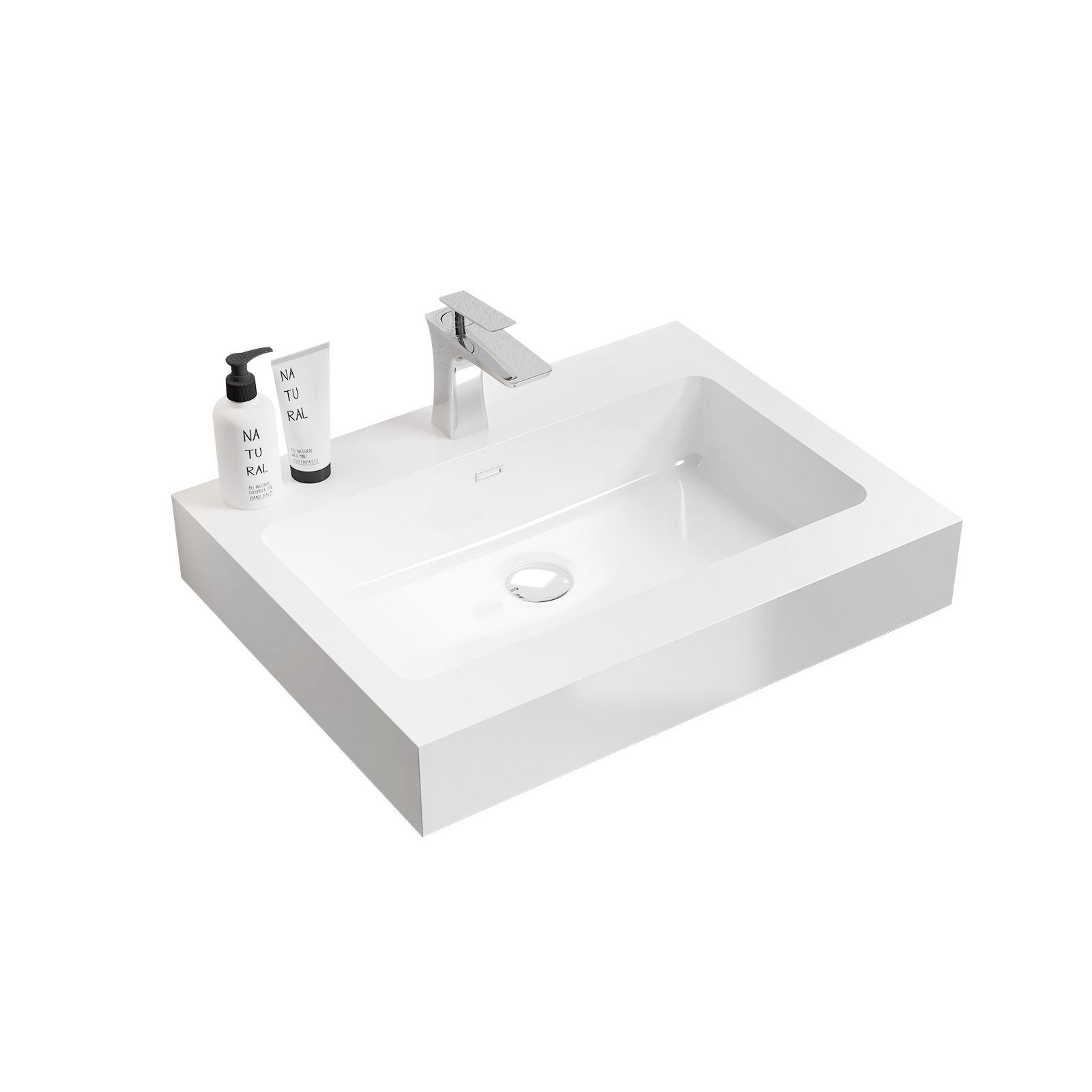 BB02-24-101, Integrated solid surface basin WITHOUT drain & faucet, glossy white color