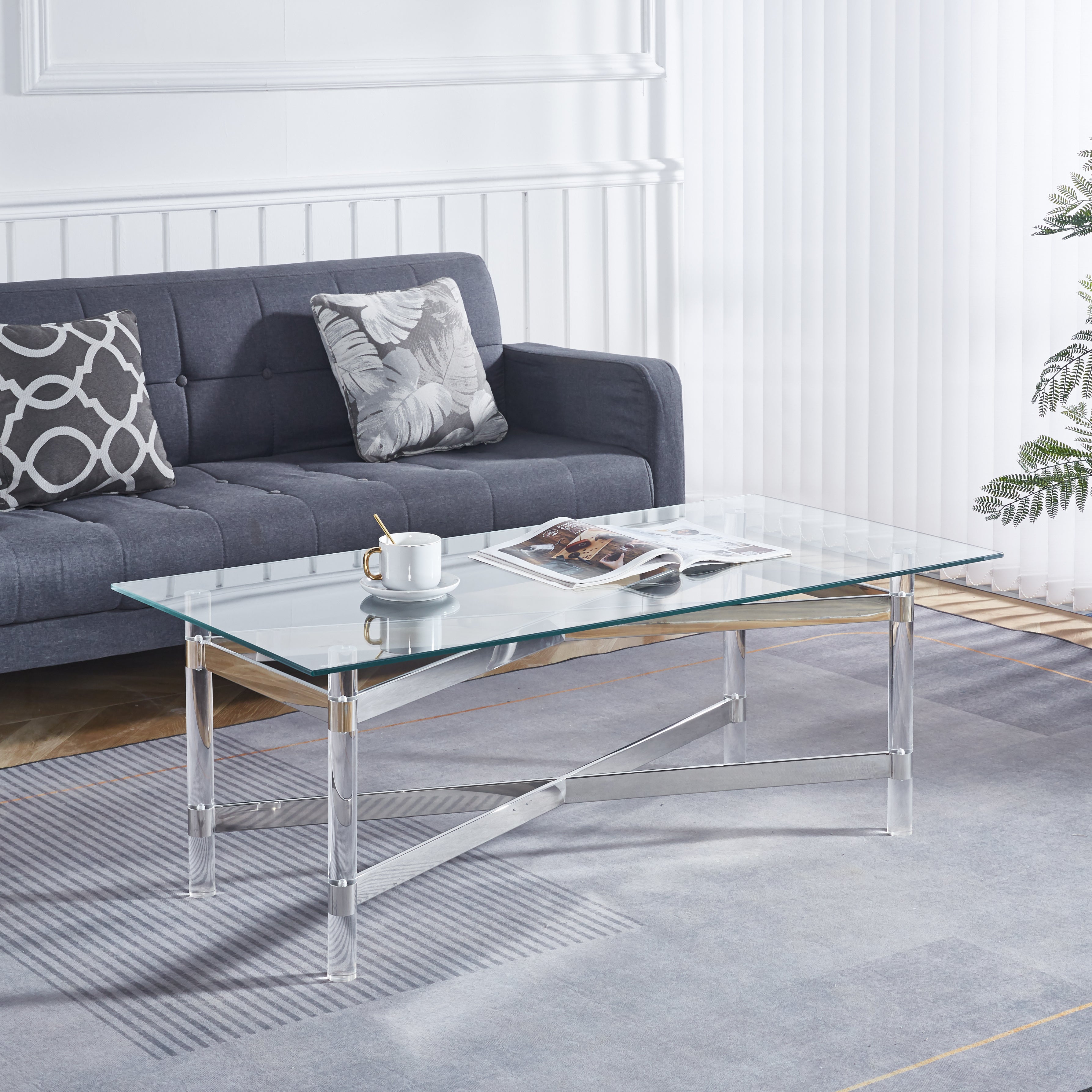 Silver Stainless Steel Coffee Table With acrylic Frame and Clear Glass Top CS-1197SILVER