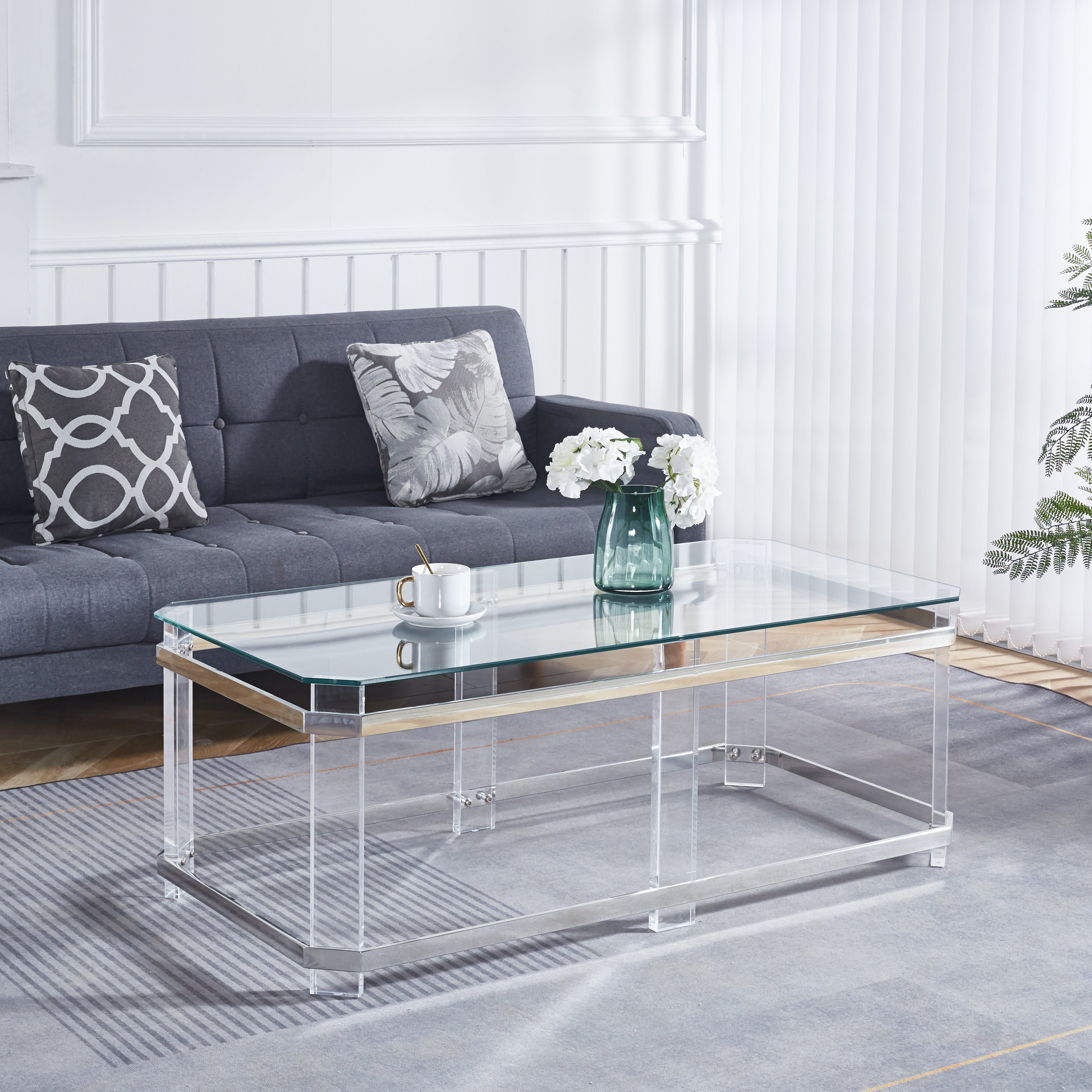 Silver Stainless Steel Coffee Table With acrylic Frame and Clear Glass Top CS-1134