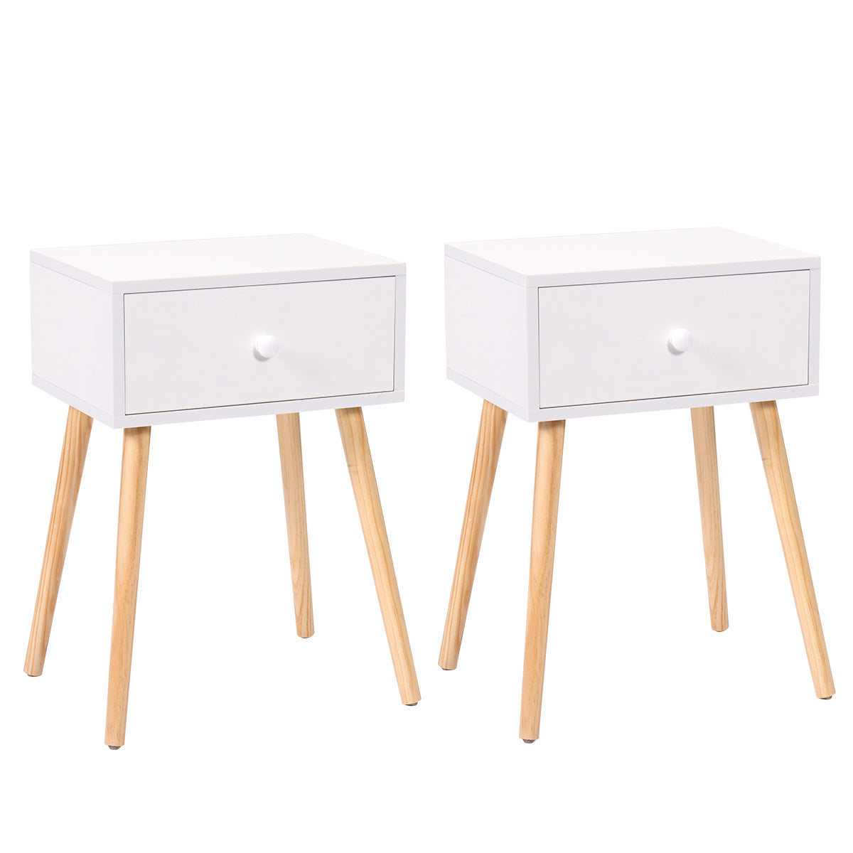 Set of 2 Wood Nightstand with Storage Drawer and Solid Wood Leg, Modern End Table for Living Room Bedroom Home Furniture, White + Brown