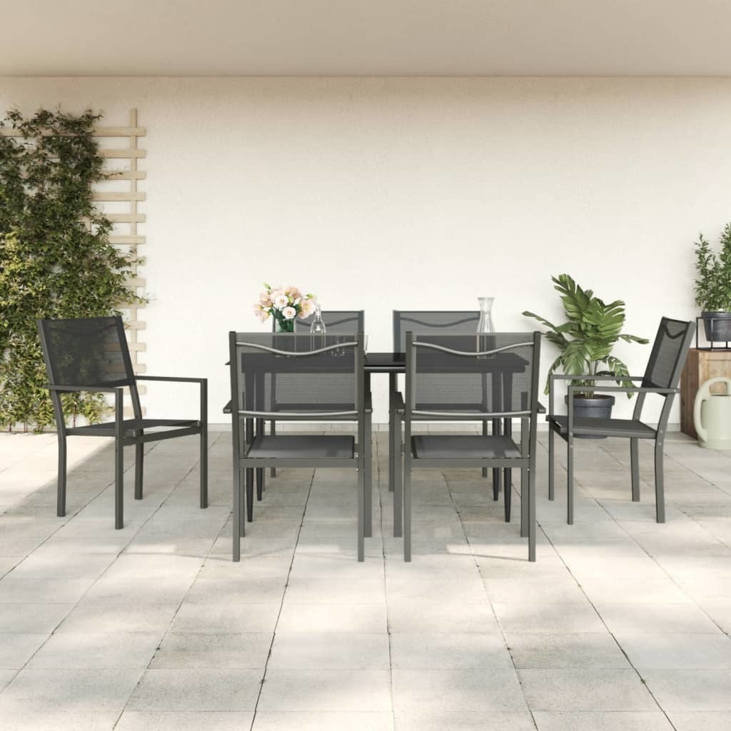 7 Piece Patio Dining Set Black Steel and Textilene