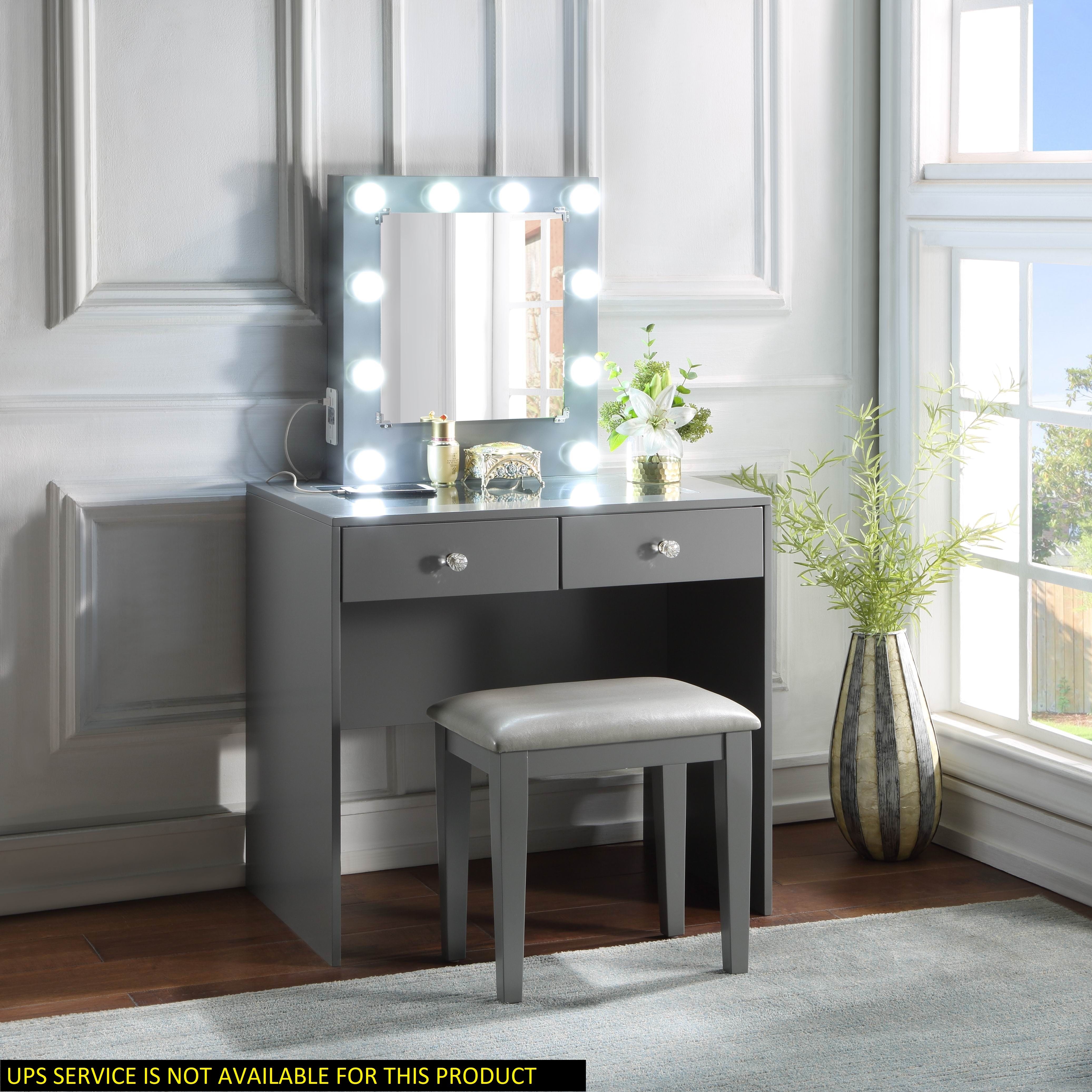 Gray Makeup Vanity and Stool Set with 10 Lights and USB Port and Power Outlet, 2x Drawers Luxurious Style Furniture