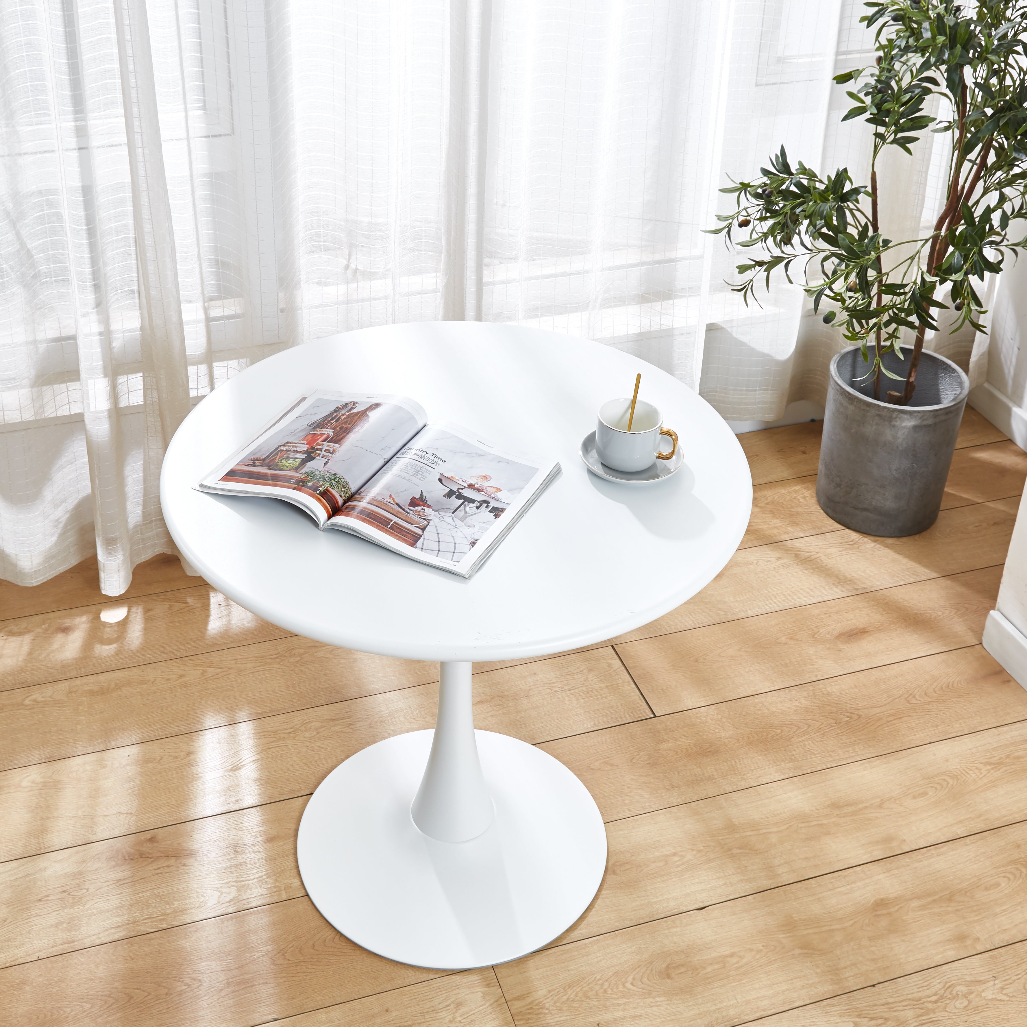 Modern White Round Dining Table, 31.5'' Diameter Solid Metal Base Coffee Table