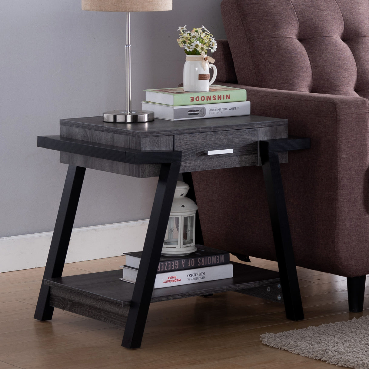 ID USA 182339ET End Table Distressed Grey & Black