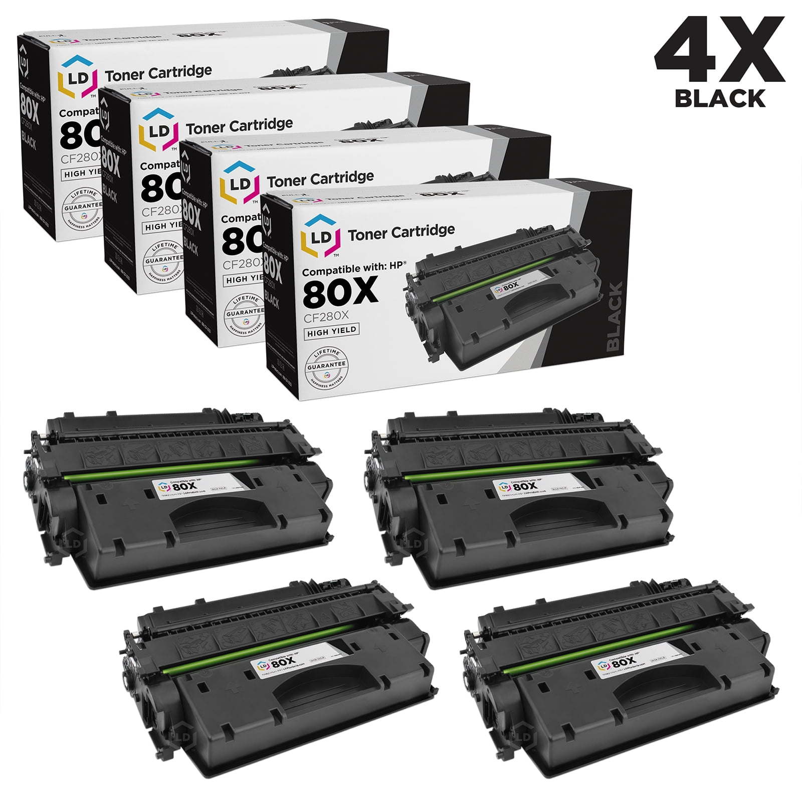 LD © Compatible Replacements for Hewlett Packard CF280X (HP 80X) 4PK HY Black Toner Cartridges for Laserjet Pro 400 M401dn, 400 M401dne, 400 M401dw, 400 M401n & 400 M425dn