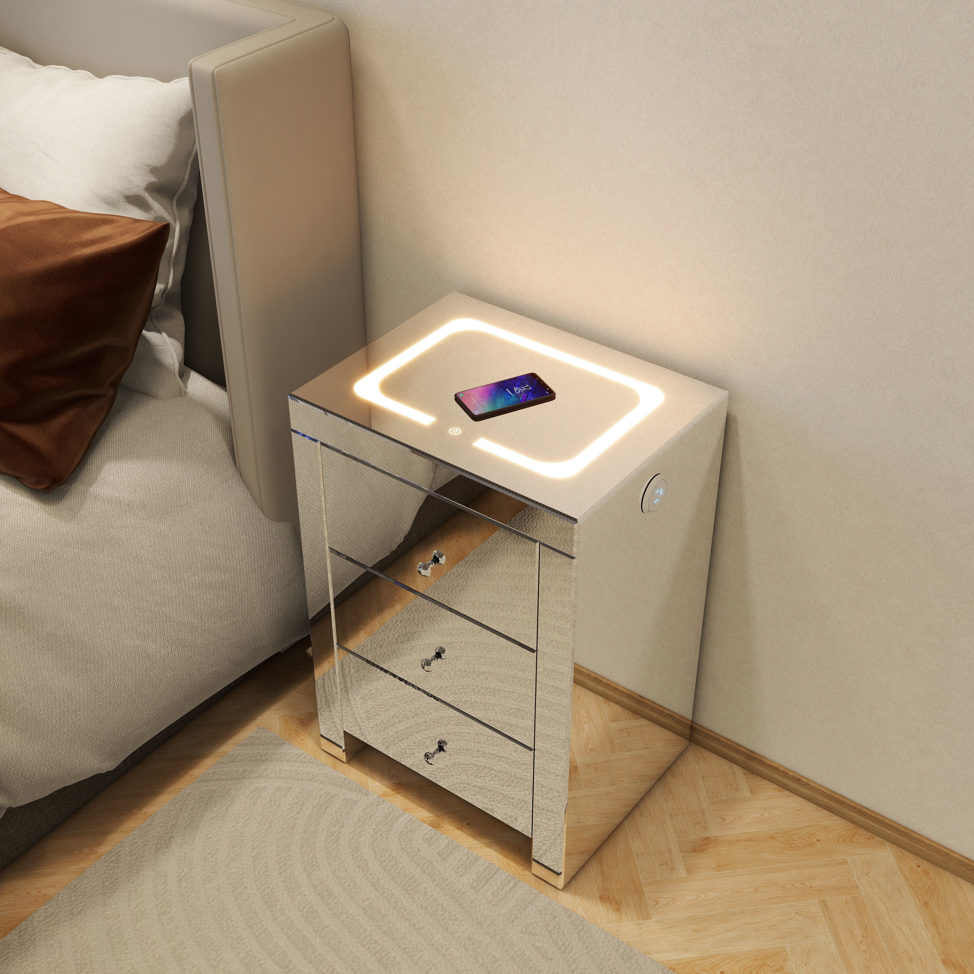 Silver glass nightstand for living room, bedside table with wireless charging and charging ports