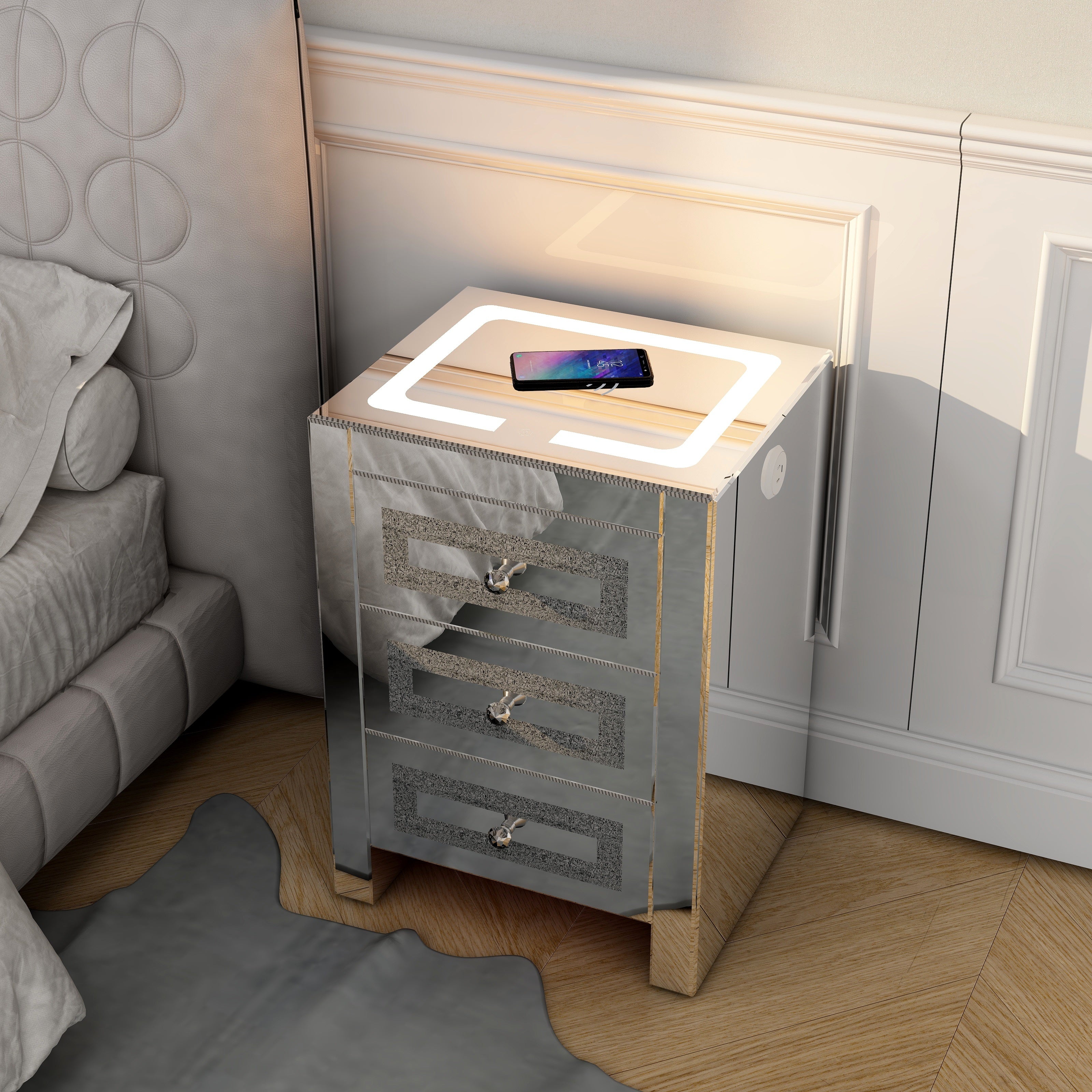 Silver glass nightstand for living room, shining bedside table with wireless charging and charging ports