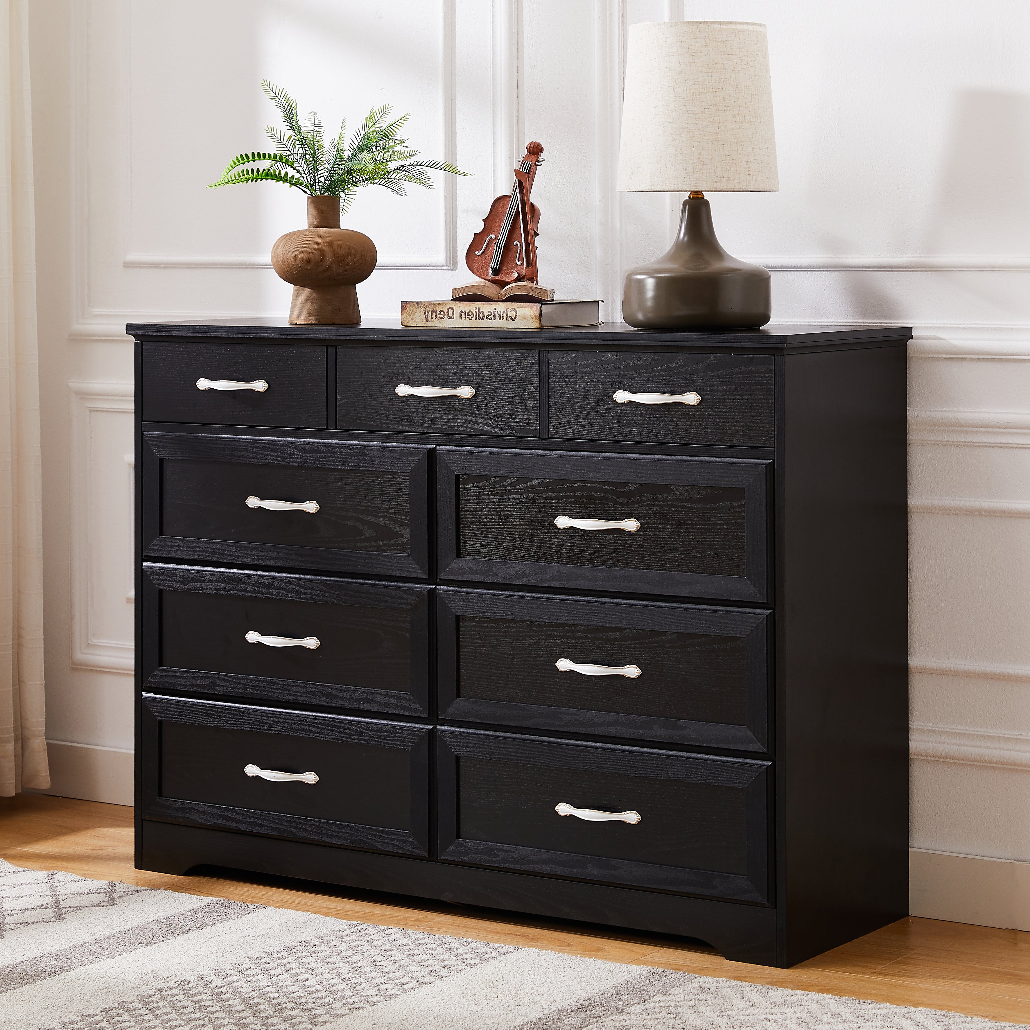 Bedroom dresser, 9 drawer long dresser with antique handles, wood chest of drawers for kids room, living room, entry and hallway, Black, 47.2'' W x 15.8'' D x 34.6'' H.