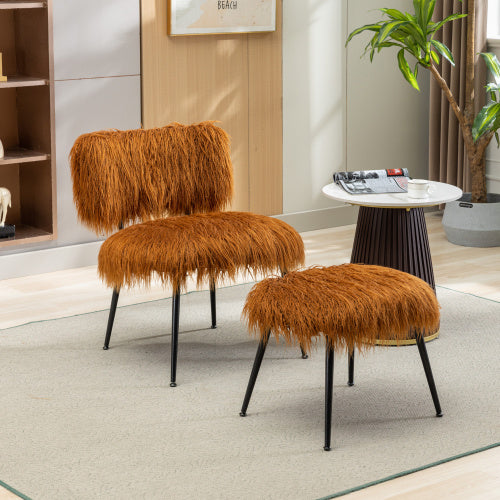 25.2'' Wide Faux Fur Plush Accent Chair With Ottoman, Living Room Chair With Footrest, Fluffy Upholstered Armless Chair And Stool, Comfy Mid Century Modern Chair for Living Room, Bedroom