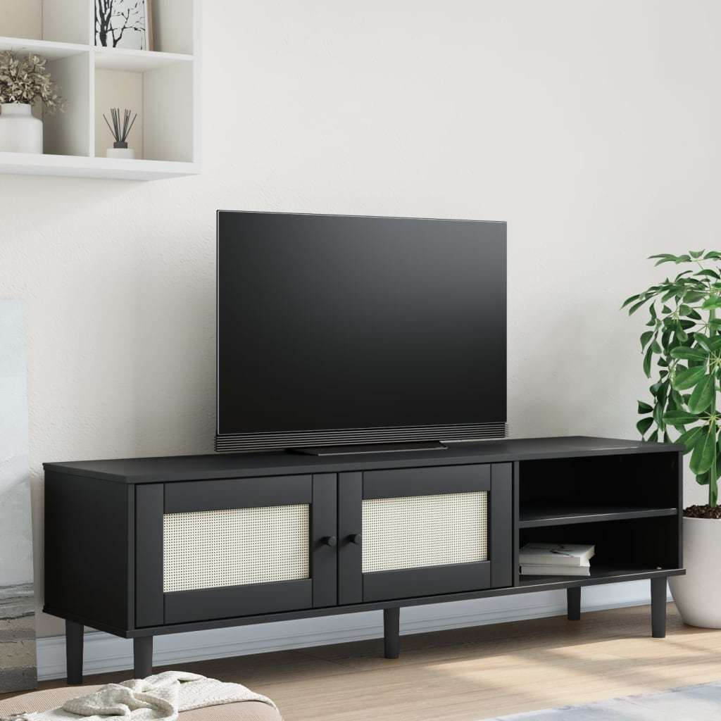 TV Stand SENJA Rattan Look Black 62.2"x15.7"x19.3" Solid Wood Pine