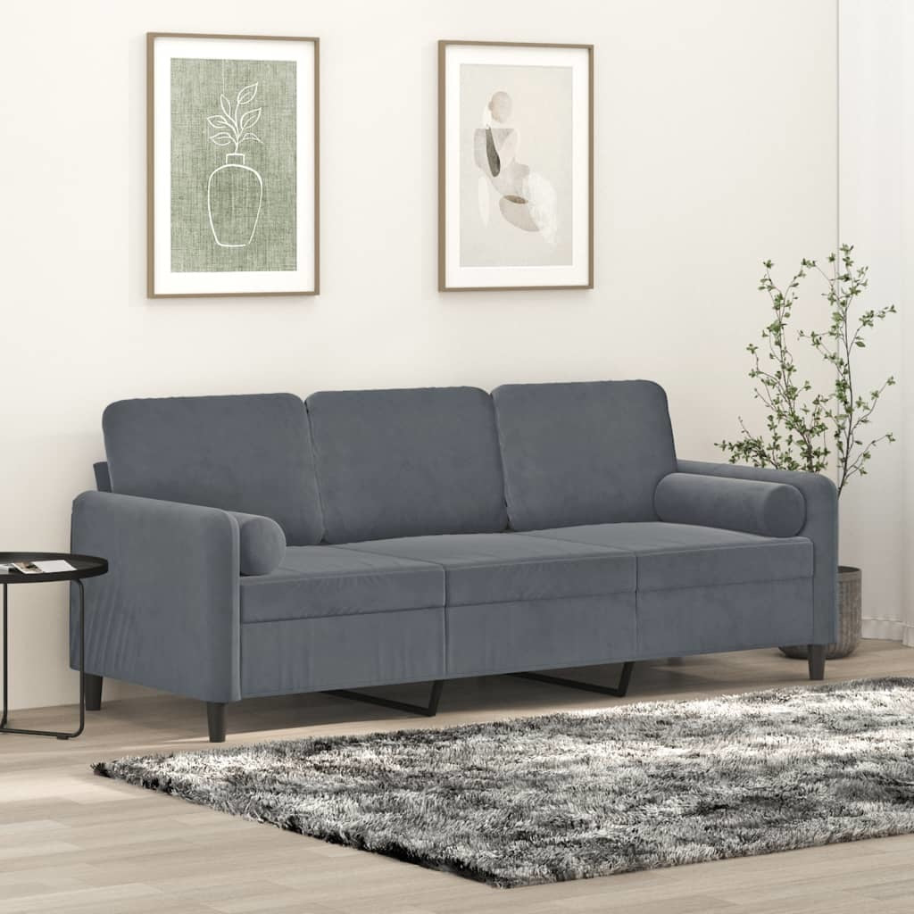 3-Seater Sofa with Throw Pillows Dark Gray 70.9" Velvet