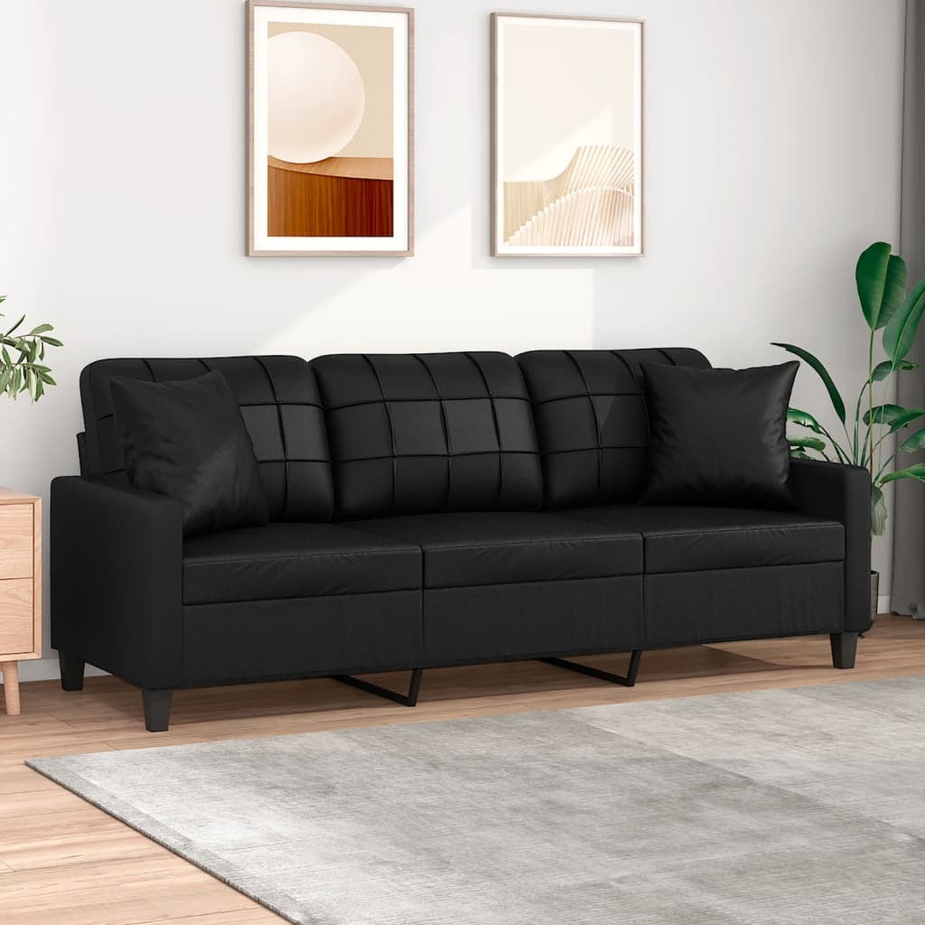 3-Seater Sofa with Throw Pillows Black 70.9" Faux Leather