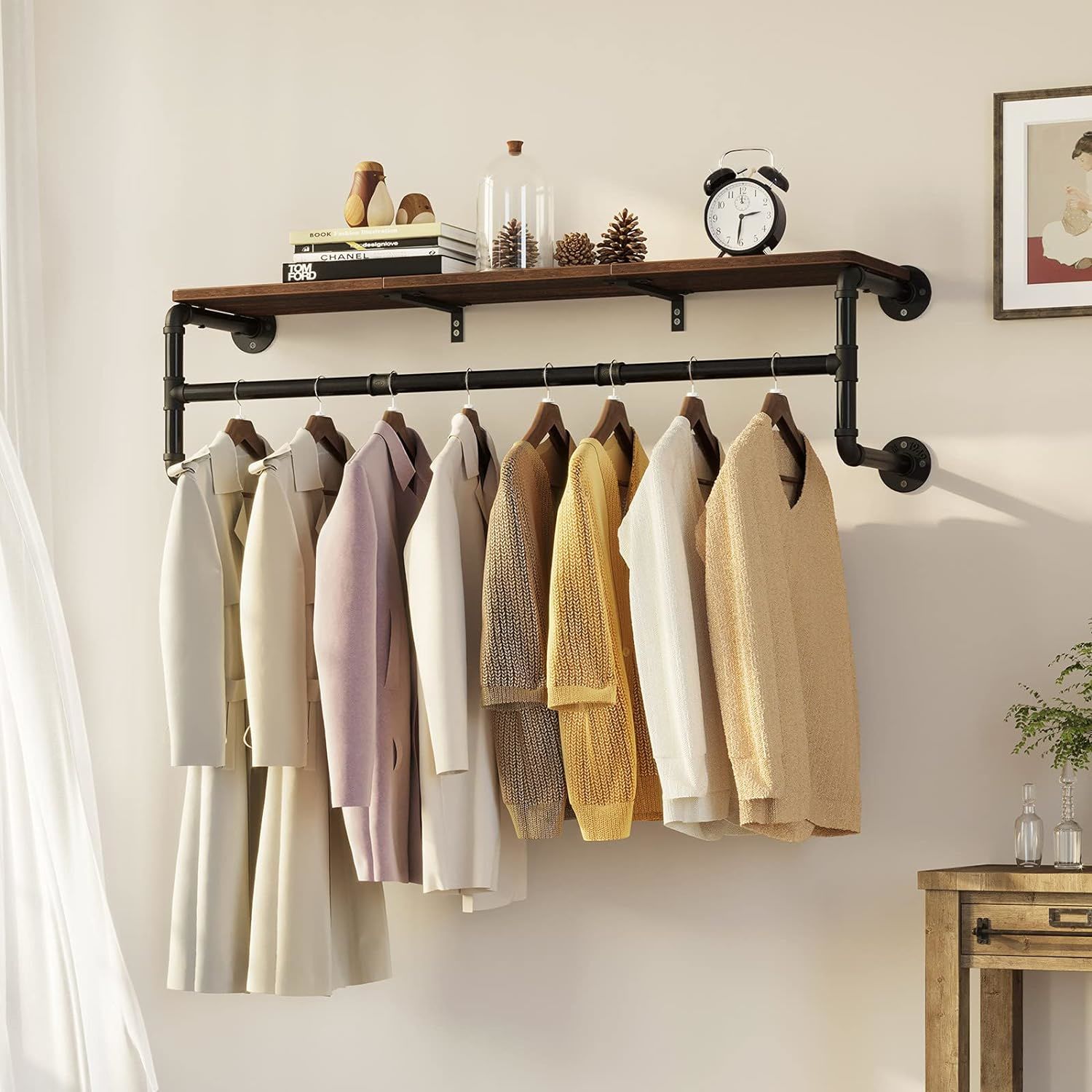 45.5in Industrial Pipe Wall Mounted Garment Rack, Space-Saving Display Heavy Duty Detachable Multi-Purpose Hanging Rod for Closet Storage