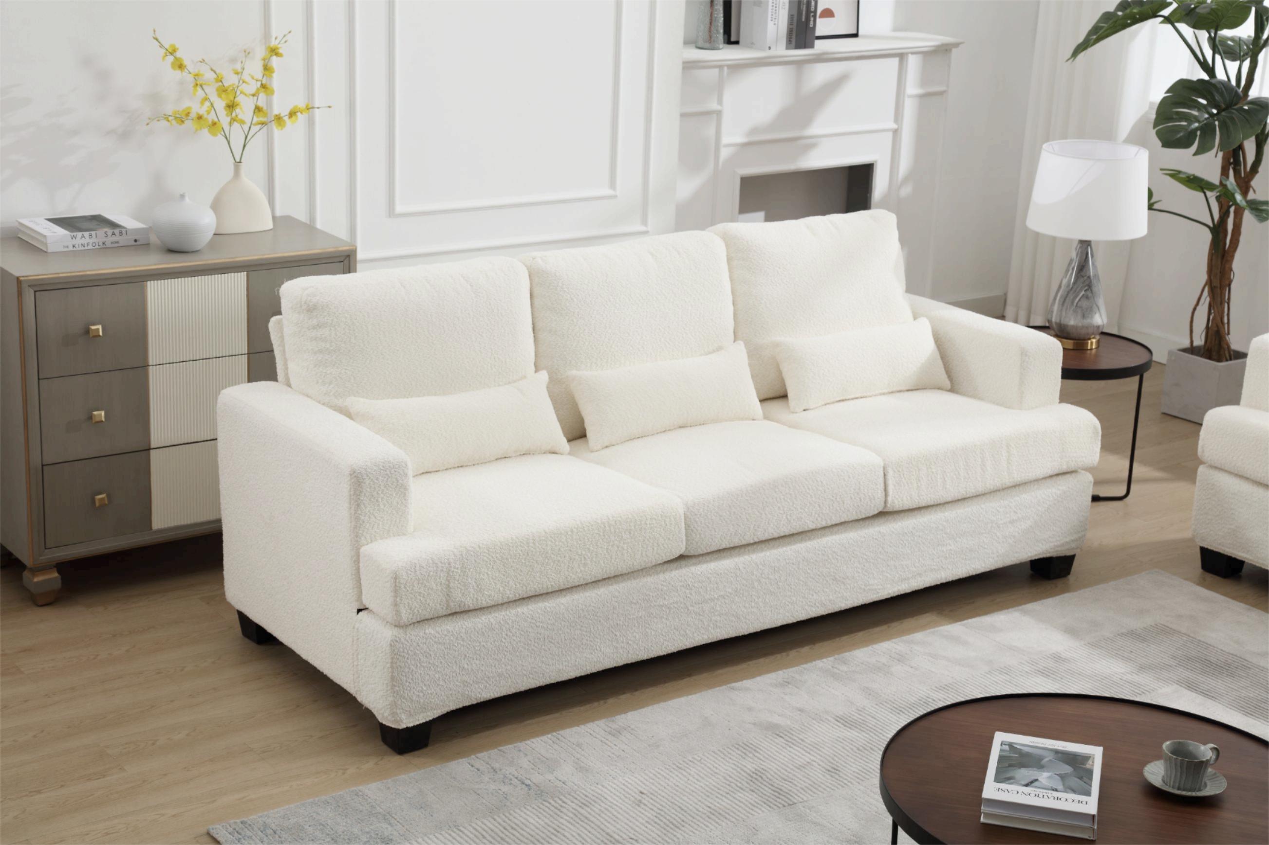 88.4" Length Modern Sofas Couches for Living Room, Sofas & couches with Square Armrest, Removable back Cushion and 3pcs waist pillow (White&Gray Fabric)