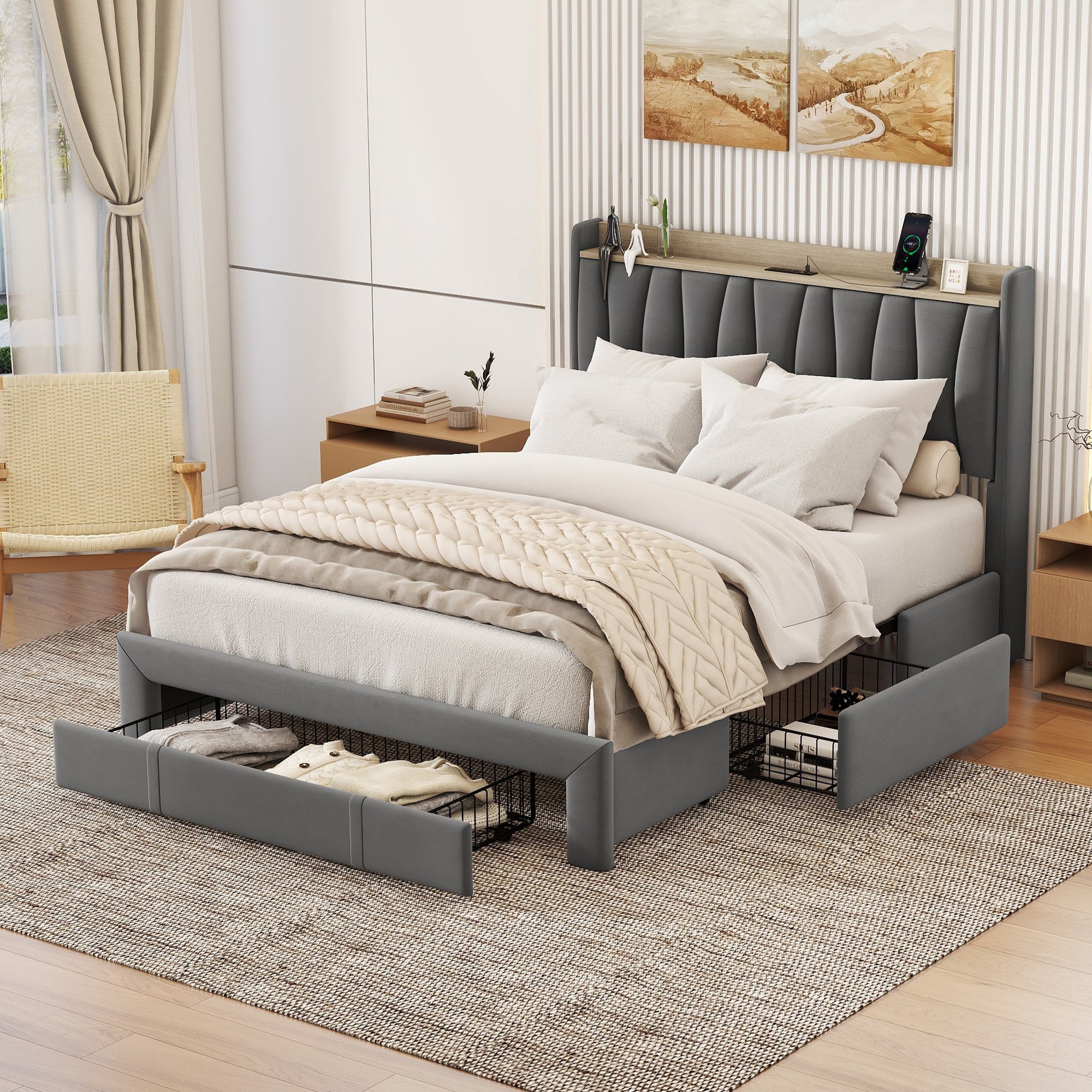 Queen Size Bed Frame with Storage Headboard and Charging Station, Upholstered Platform Bed with 3 Drawers, No Box Spring Needed, Dark Gray