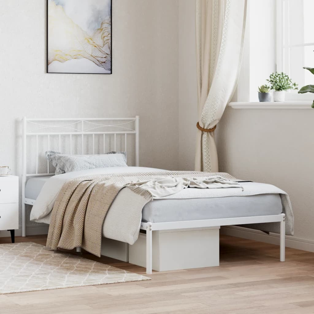 Metal Bed Frame with Headboard White 39.4"x74.8"