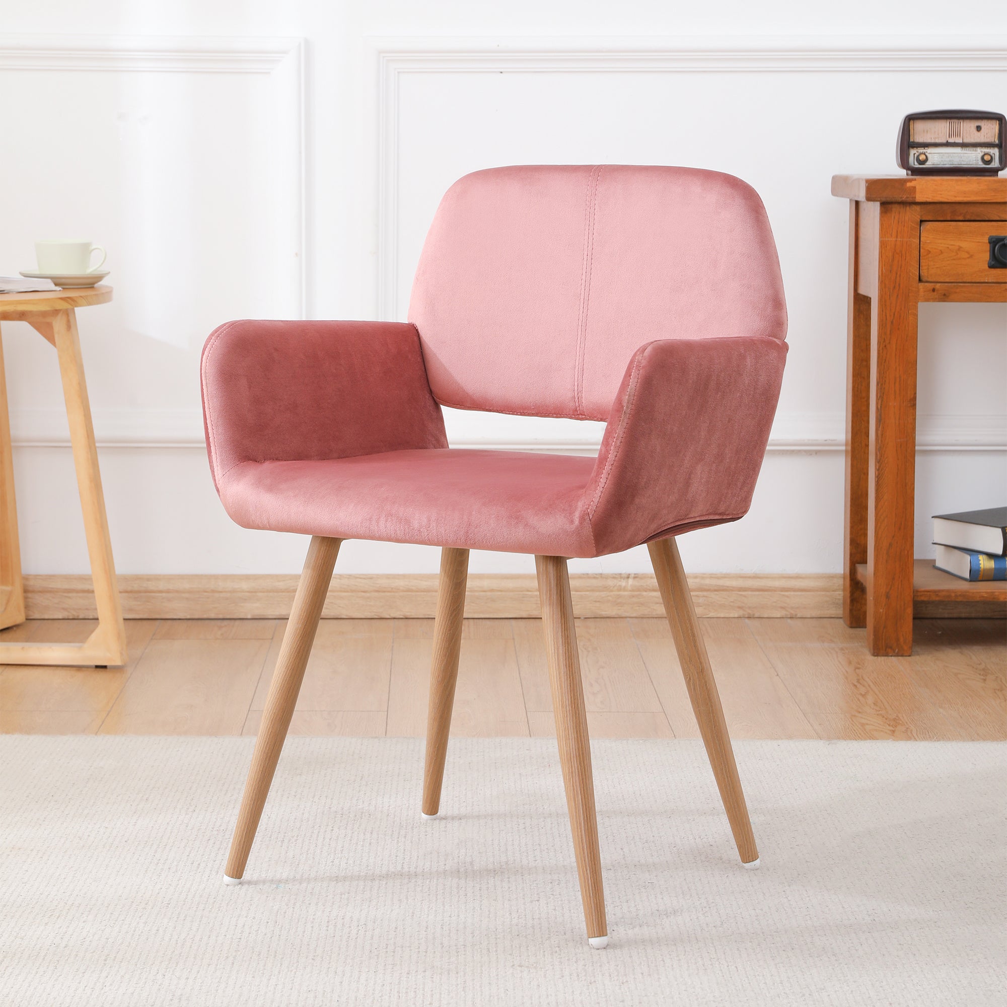 Velet Upholstered Side Dining Chair with Metal Leg(Pink velet+Beech Wooden Printing Leg),KD backrest