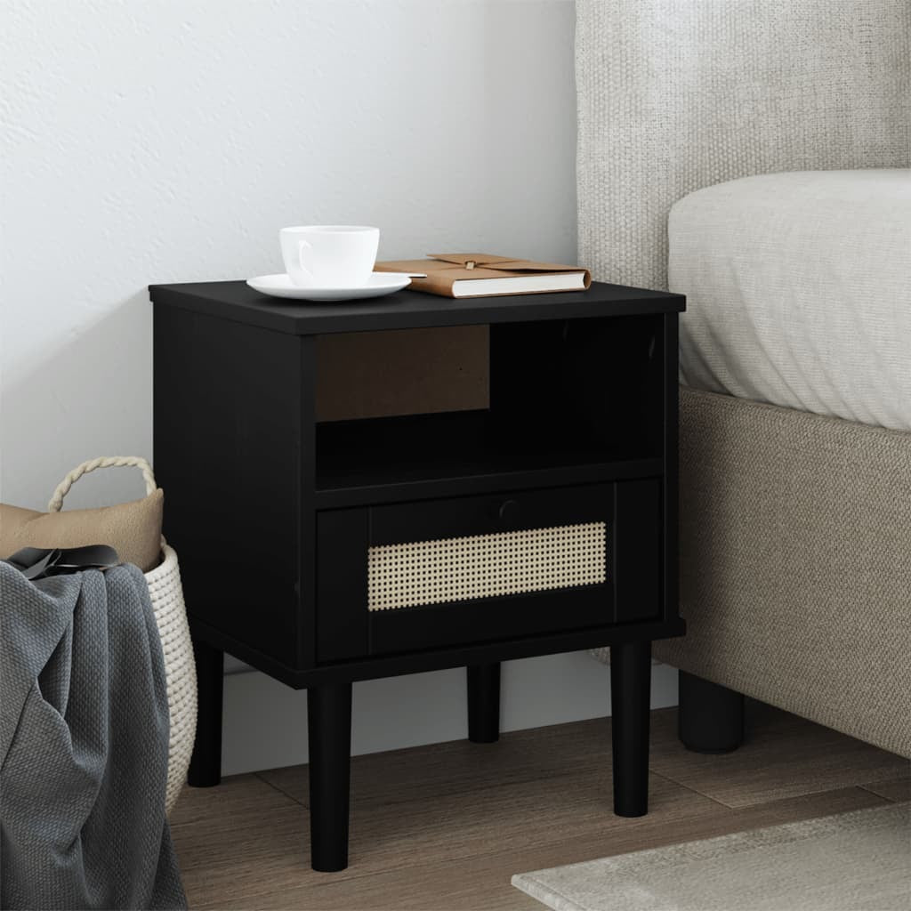 Bedside Cabinet SENJA Rattan Look Black 15.7"x13.8"x18.9" Solid Wood Pine