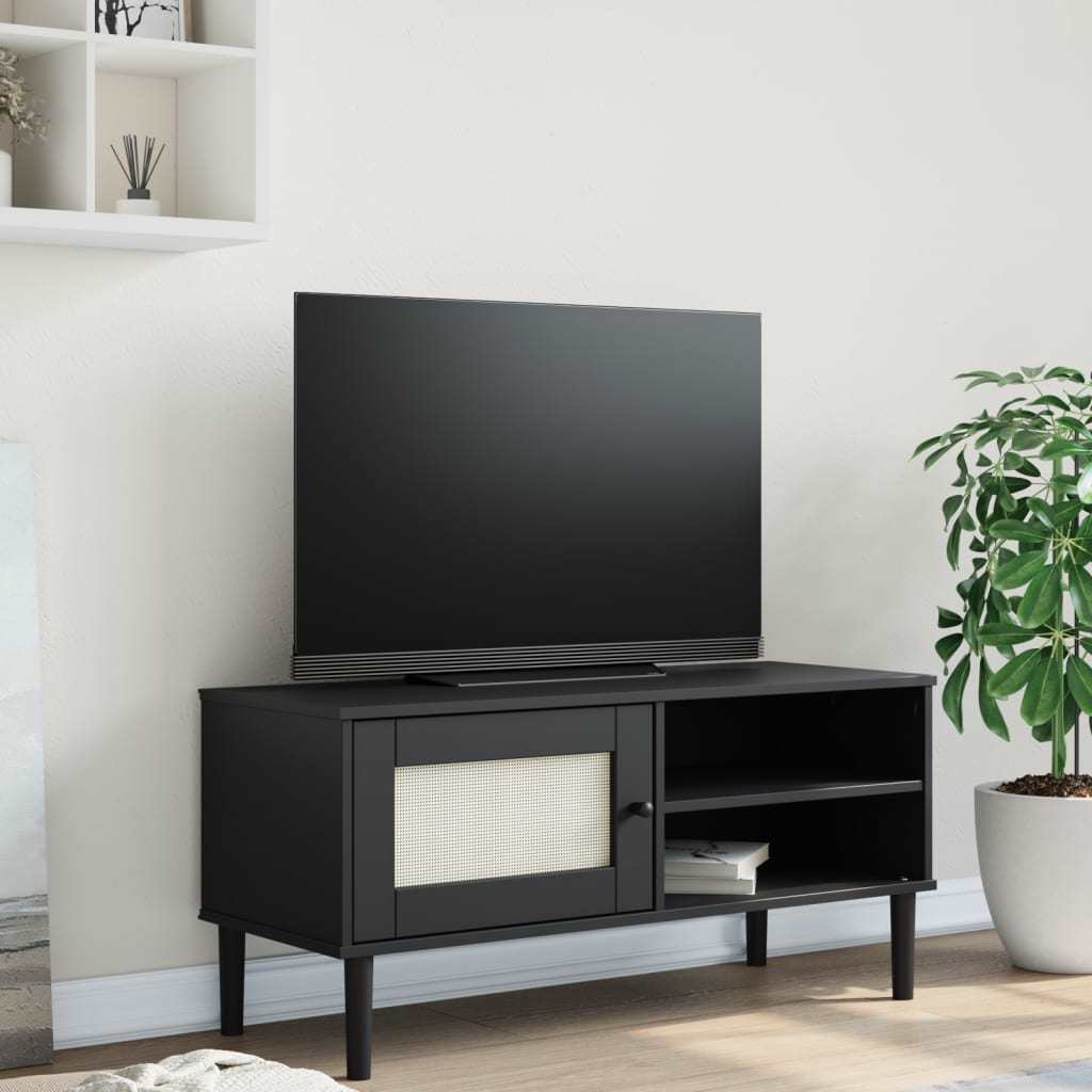 TV Stand SENJA Rattan Look Black 41.7"x15.7"x19.3" Solid Wood Pine