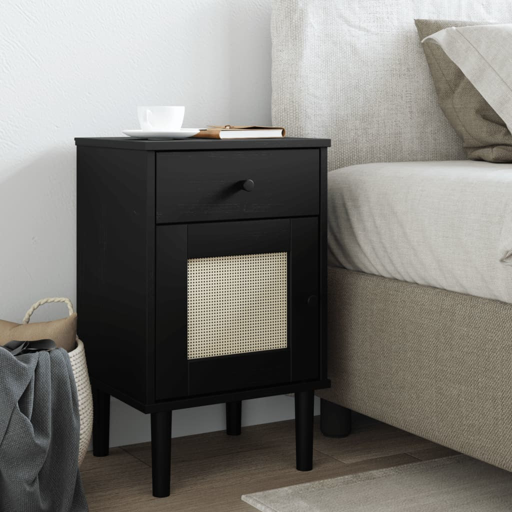 Bedside Cabinet SENJA Rattan Look Black 15.7"x13.8"x25.6" Solid Wood Pine