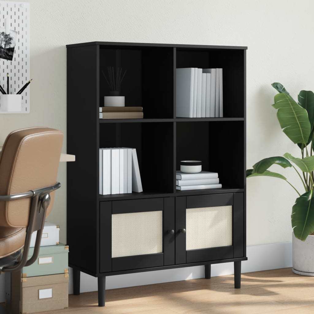 Bookcase SENJA Rattan Look Black 35.4"x13.8"x51.2" Solid Wood Pine