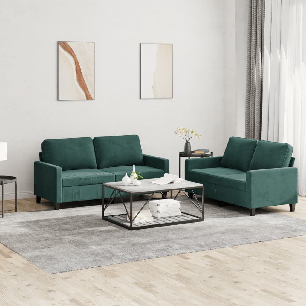 2 Piece Sofa Set with Cushions Dark Green Velvet