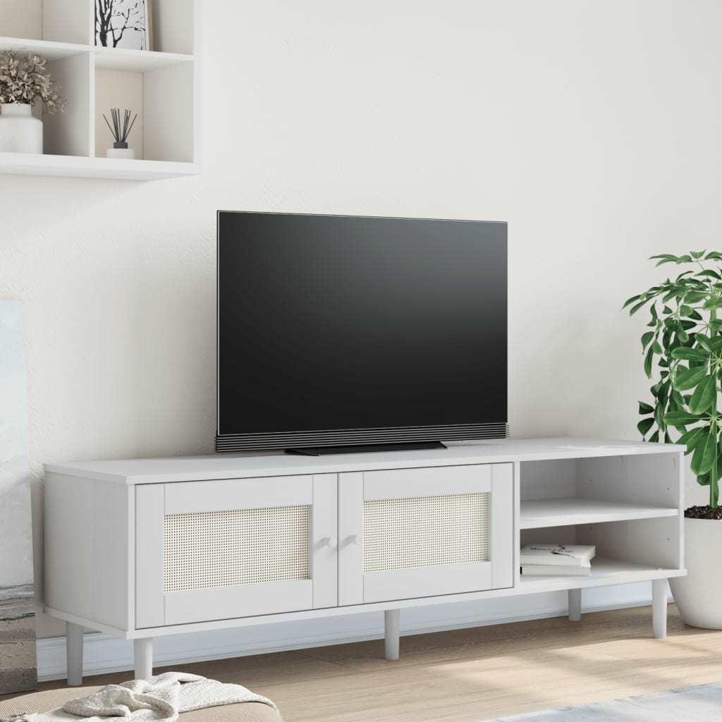 TV Stand SENJA Rattan Look White 62.2"x15.7"x19.3" Solid Wood Pine