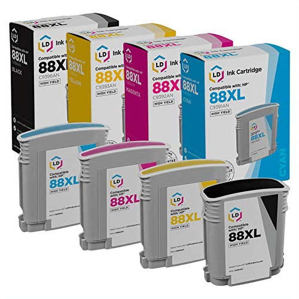 LD Remanufactured Replacement for HP 88XL High Yield Ink Cartridge Set: C9396AN Black, C9391AN Cyan, C9392AN Magenta, C9393AN Yellow for OfficeJet Pro K5300, K5400, K8600, L7550, L7650, L7700