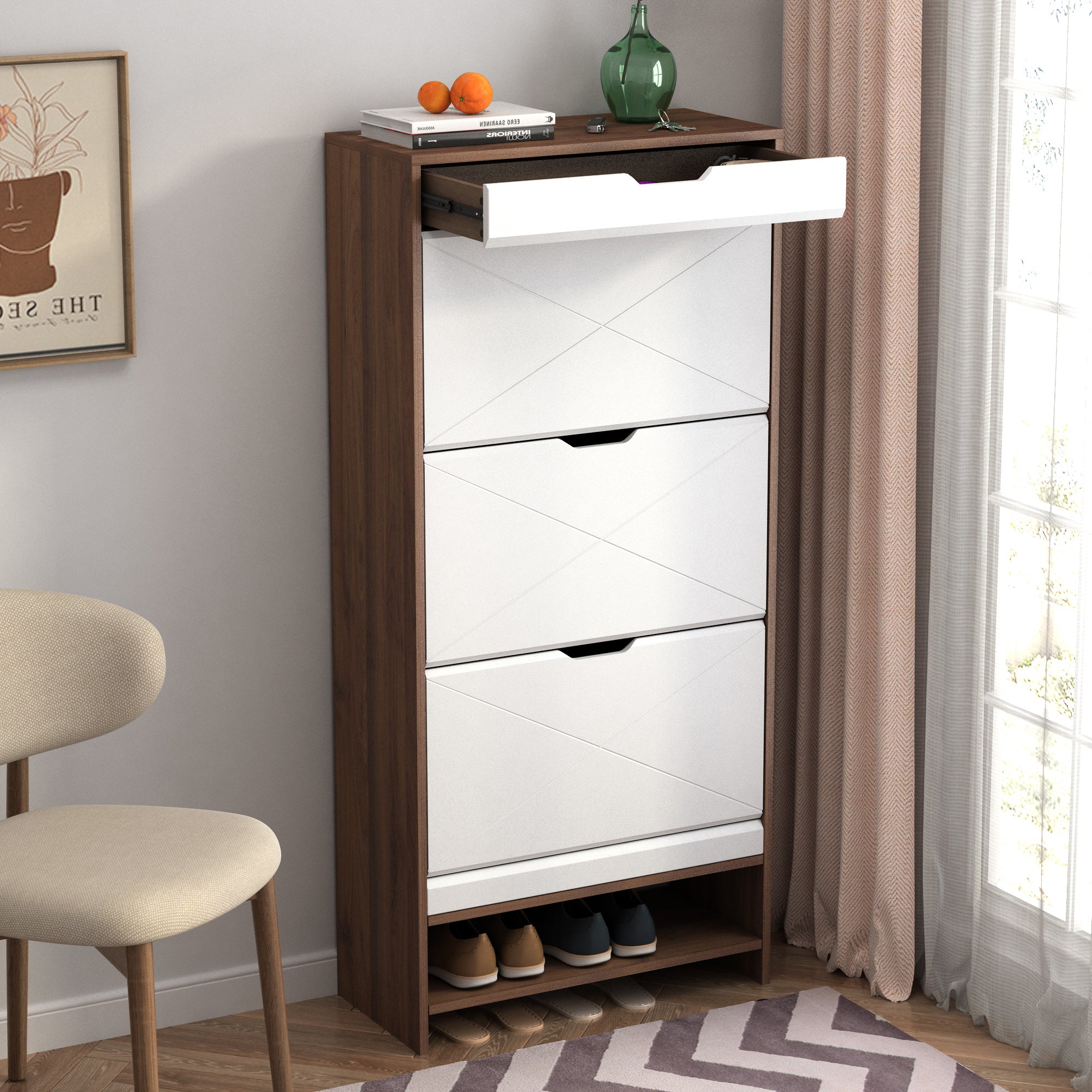 3 Tier Shoe Storage Cabinet with Draders for Entryway,Bedroom,Flip Door Design Shoe Cabinet