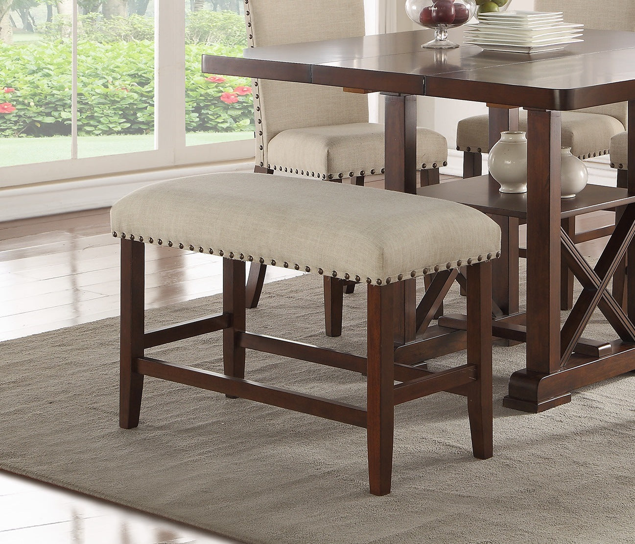 Classic Cream Finish Upholstered Cushion Chairs 1pc Counter Height Bench Nailheads Solid wood Legs Dining Room