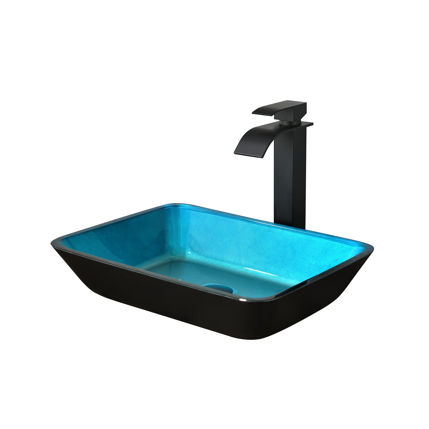 18.125" L -13.0" W -4 1/8" H Handmade Countertop Glass Rectangular Vessel Bathroom Sink Set in Turquoise Finish with Matte Black Single-Handle Single Hole Faucet and Pop Up Drain