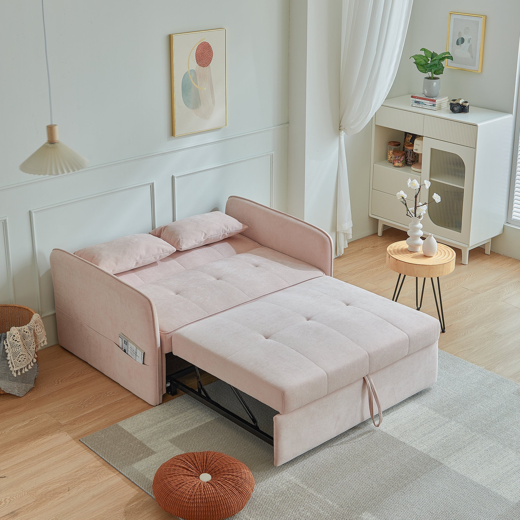 [VIDEO provided]Chenille fabric pull-out sofa bed,sleeper loveseat couch with adjustable armrests-Pink