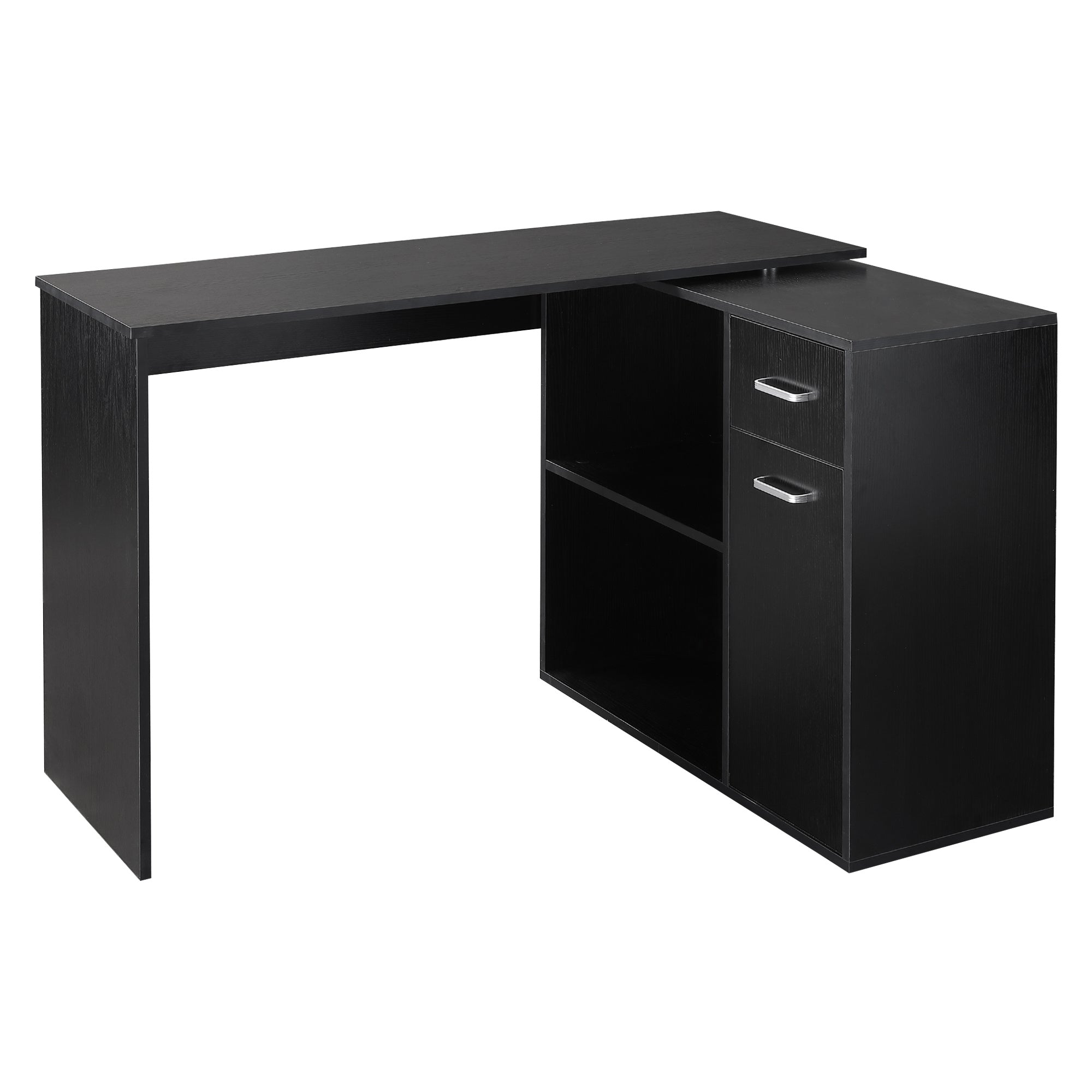 L Shaped Computer Desk, 180° Rotating Corner Desk with Storage Shelves, Drawer and Cabinet, Study Workstation for Home Office, Black