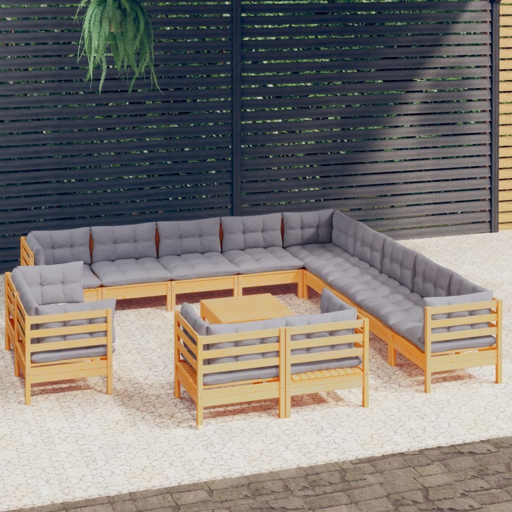 14 Piece Patio Lounge Set with Gray Cushions Solid Pinewood