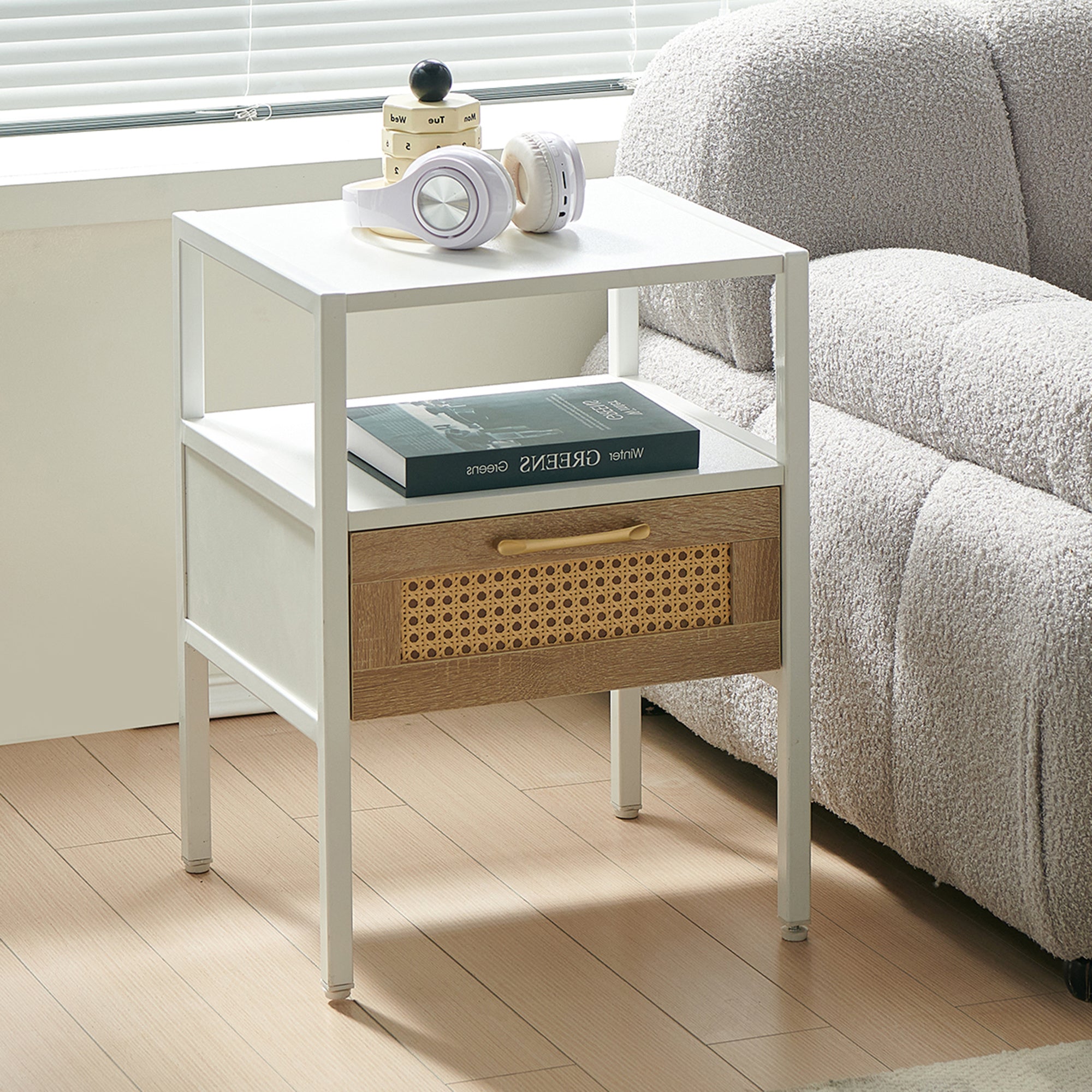 15.75" Rattan End table with drawer, Modern nightstand, metal legs,side table for living room, bedroom,white(1 pc)