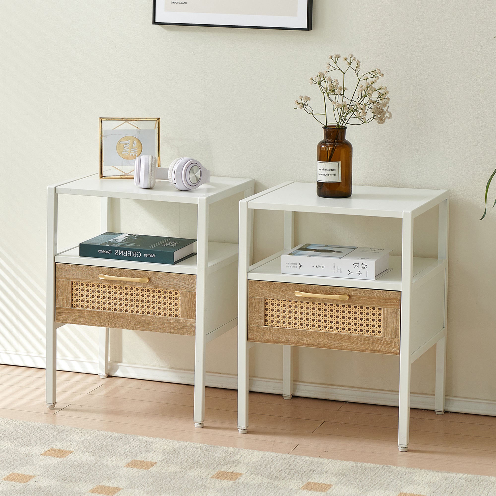 Set of 2, 15.75" Rattan End table with drawer, Modern nightstand, metal legs,side table for living room, bedroom,white