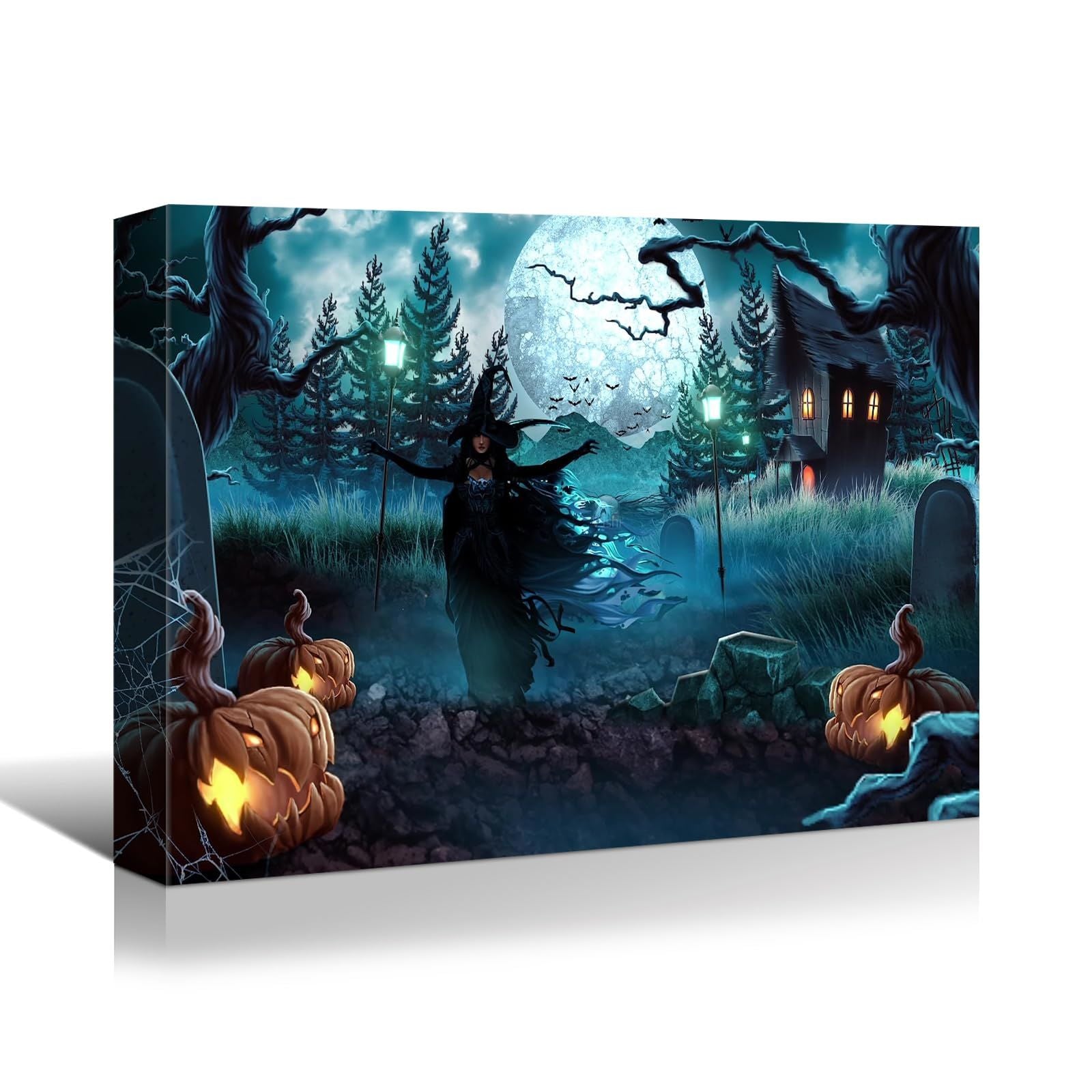 Drop-Shipping Framed Canvas Wall Art Decor Painting For Halloween, Witch in Haunted Grave Yard Painting For Halloween Gift, Decoration For Halloween Living Room, Bedroom Decor-Ready To Hang