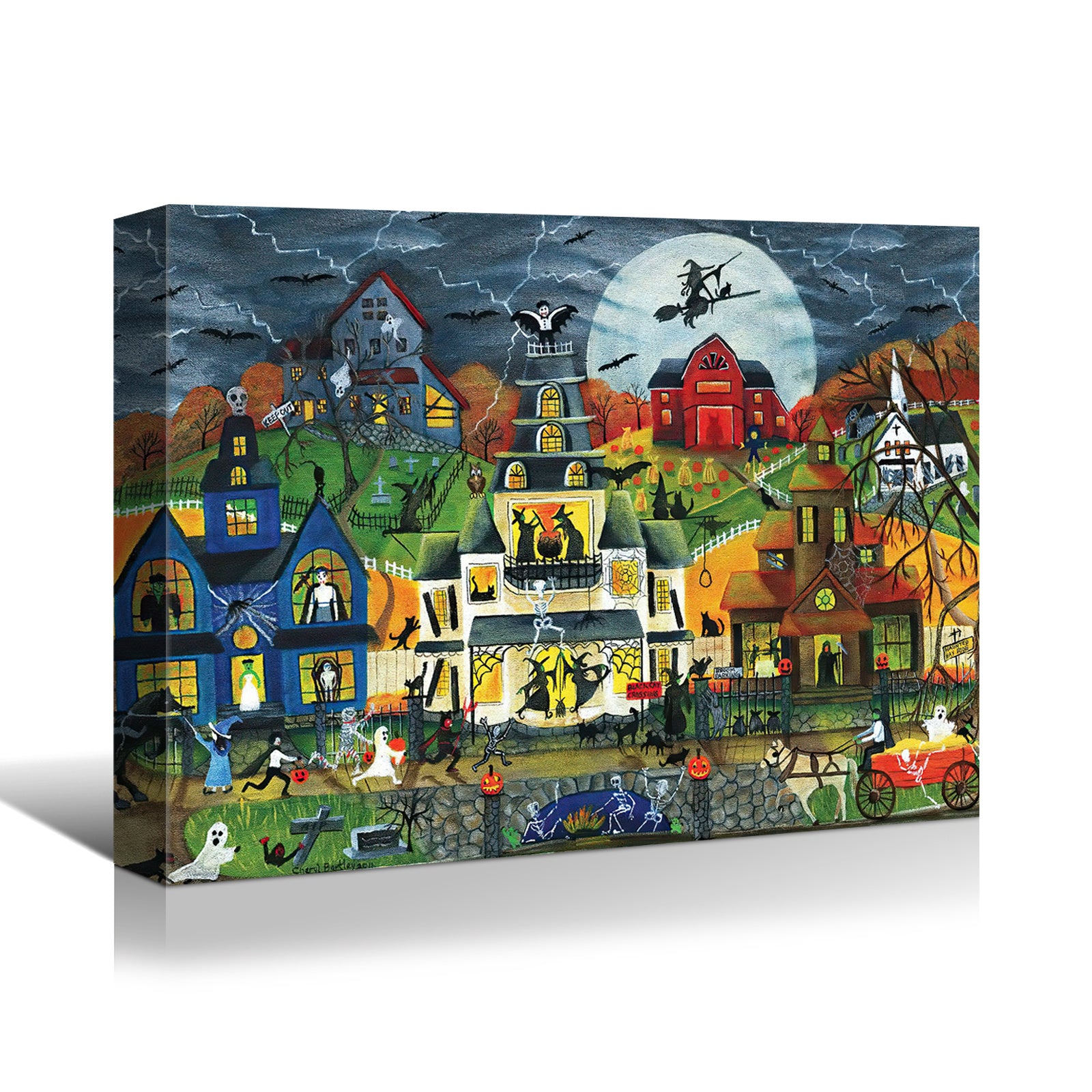 Drop-Shipping Framed Canvas Wall Art Decor Painting For Halloween, Haunted Ghost Town Painting For Halloween Gift, Decoration For Halloween Office Living Room, Bedroom Decor-Ready To Hang