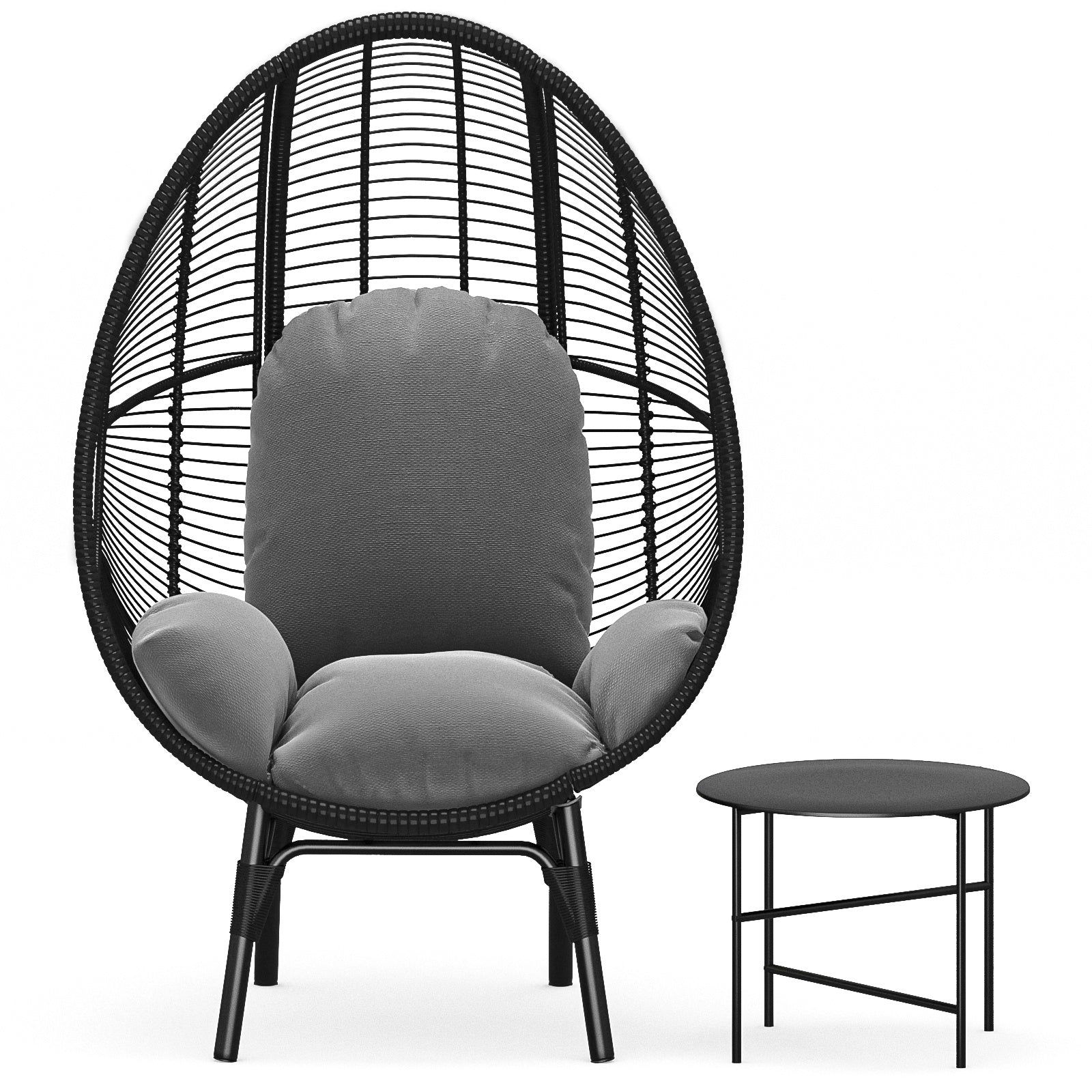 Patio PE Wicker Egg Chair Model 2 with Black Color Rattan Grey Cushion and Side Table