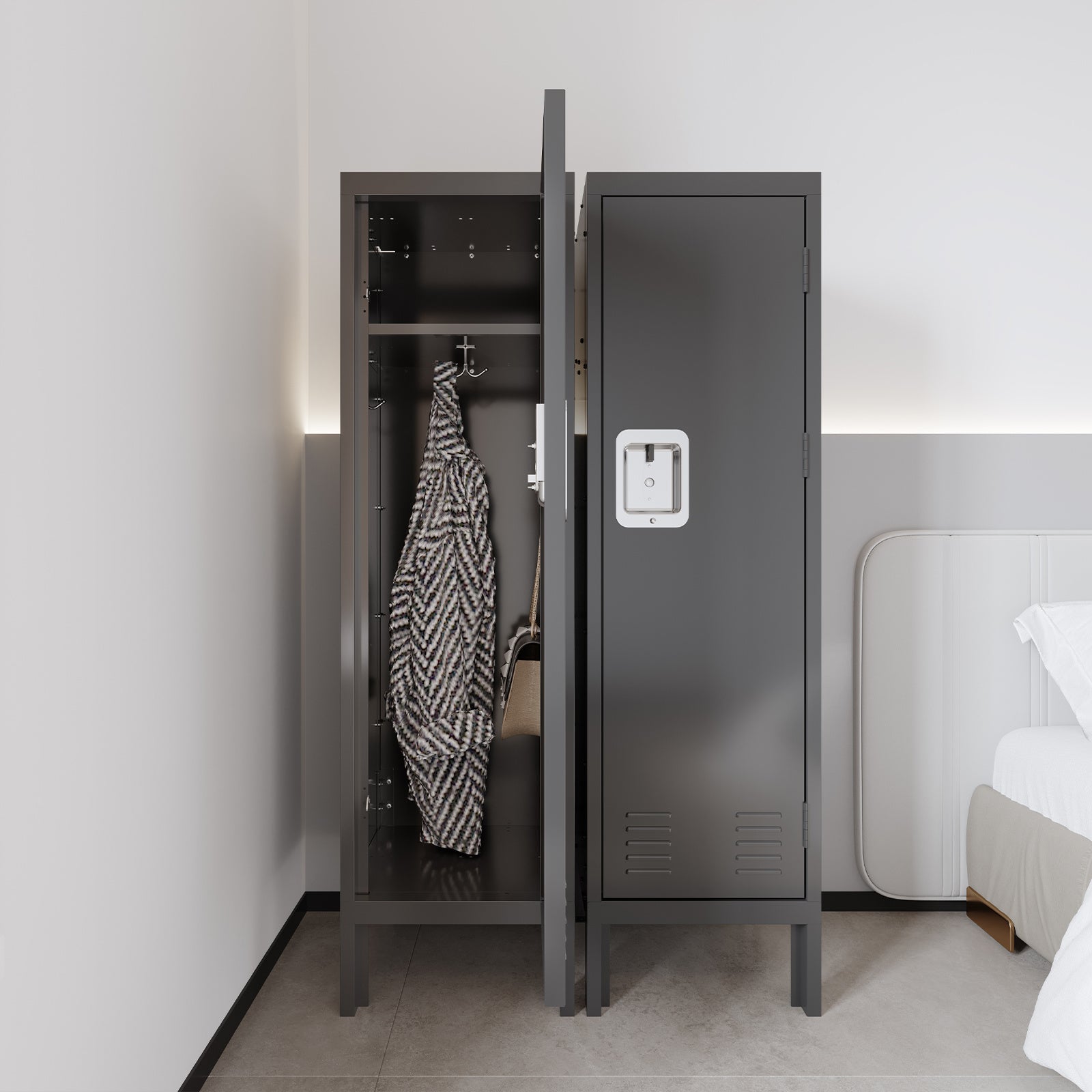 1 Door Tall Single Metal Locker-Retro Style Storage Cabinet--Industrial Furniture--For Living Room/Bedroom/Storage Room/Gym/School--Grey